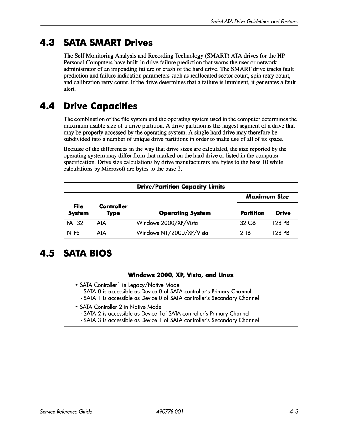 HP dx2310 manual SATA SMART Drives, Drive Capacities, Sata Bios 