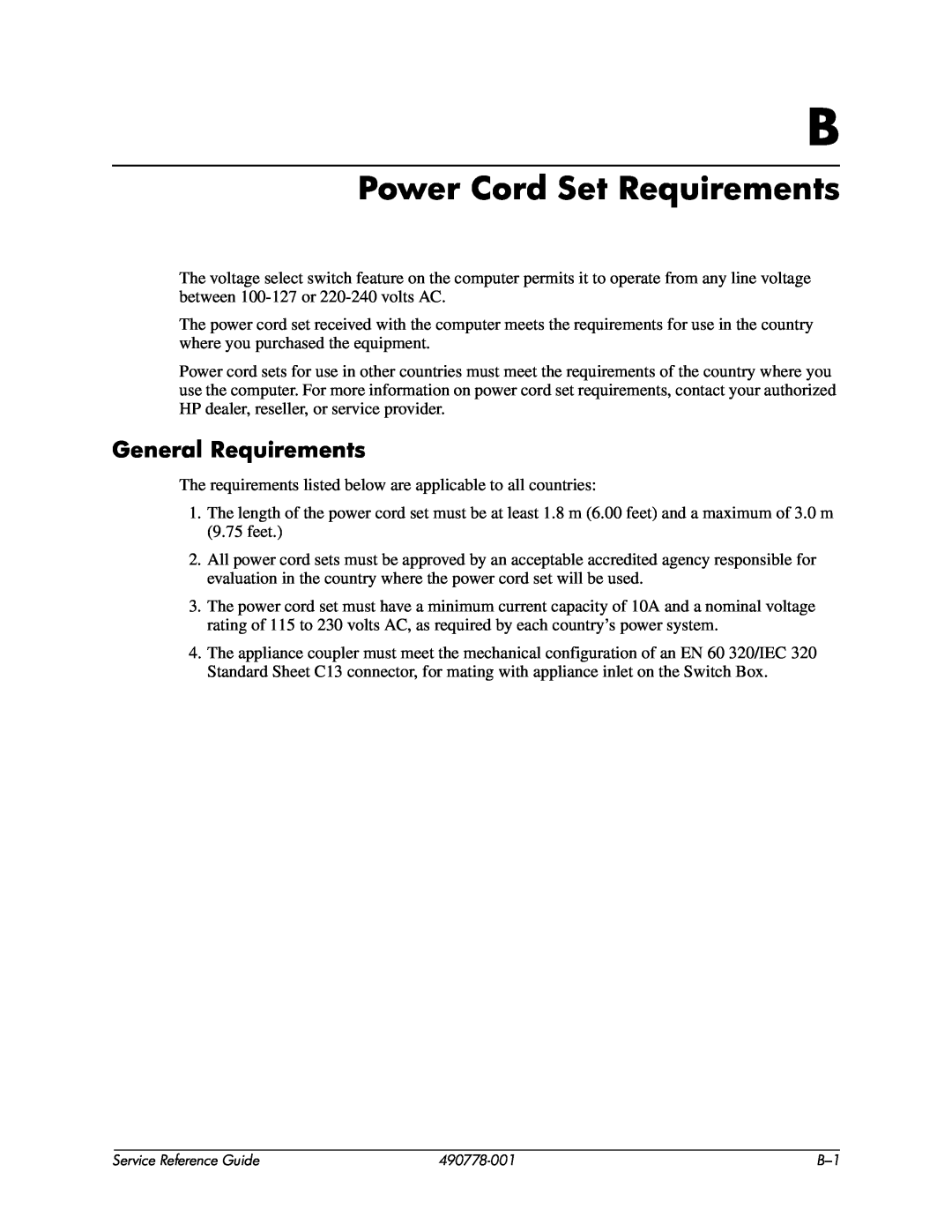 HP dx2310 manual Power Cord Set Requirements, General Requirements 