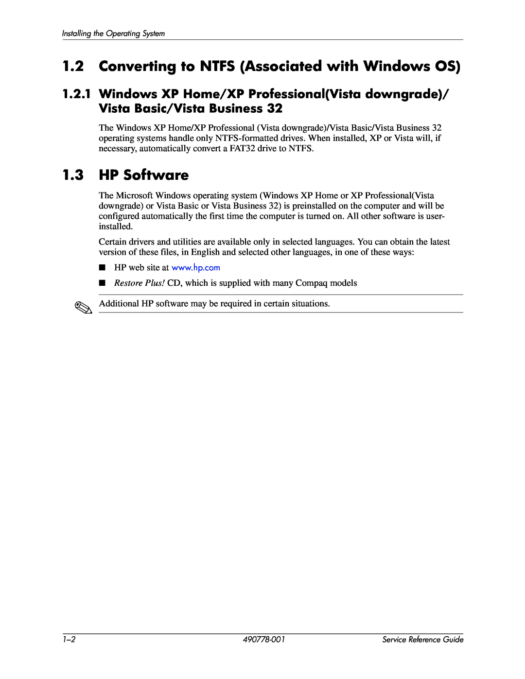 HP dx2310 manual Converting to NTFS Associated with Windows OS, HP Software 