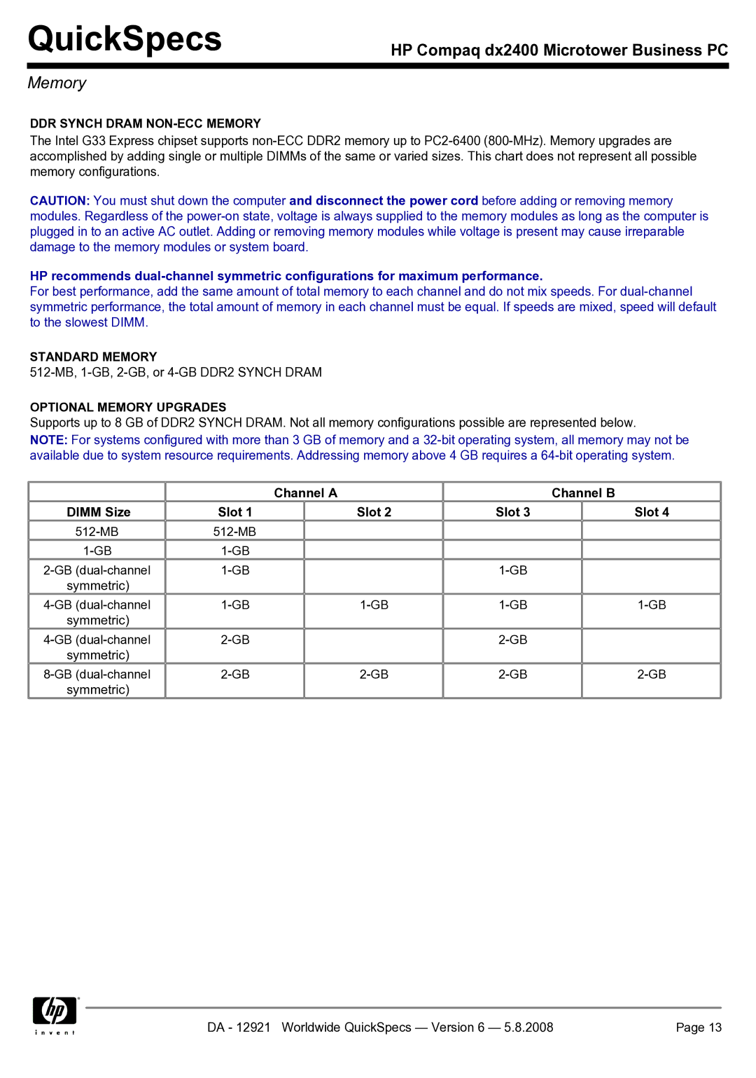 HP dx2400 DDR Synch Dram NON-ECC Memory, Standard Memory, Optional Memory Upgrades, Channel a Channel B Dimm Size Slot 