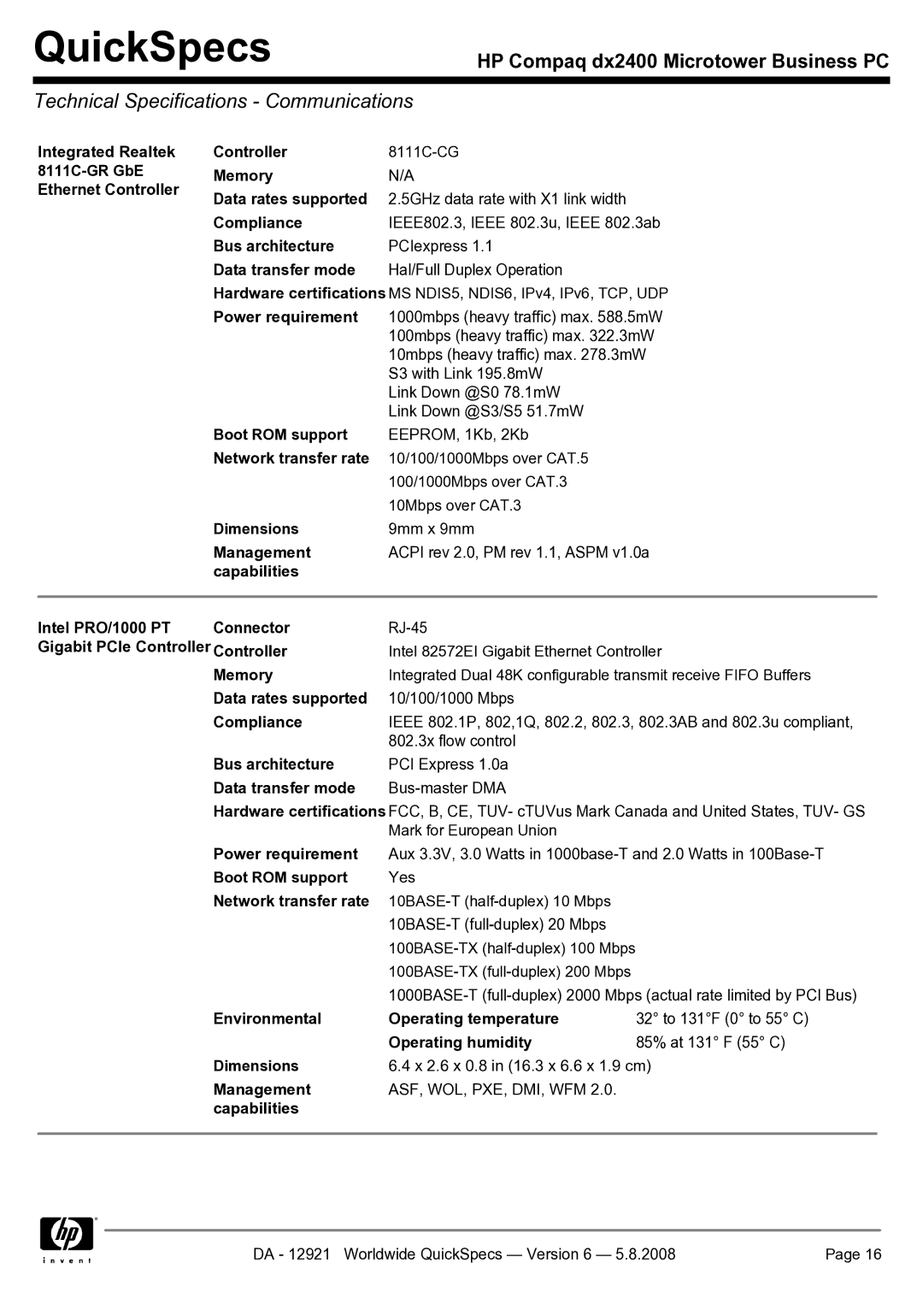 HP dx2400 manual Technical Specifications Communications, Asf, Wol, Pxe, Dmi, Wfm, Capabilities 