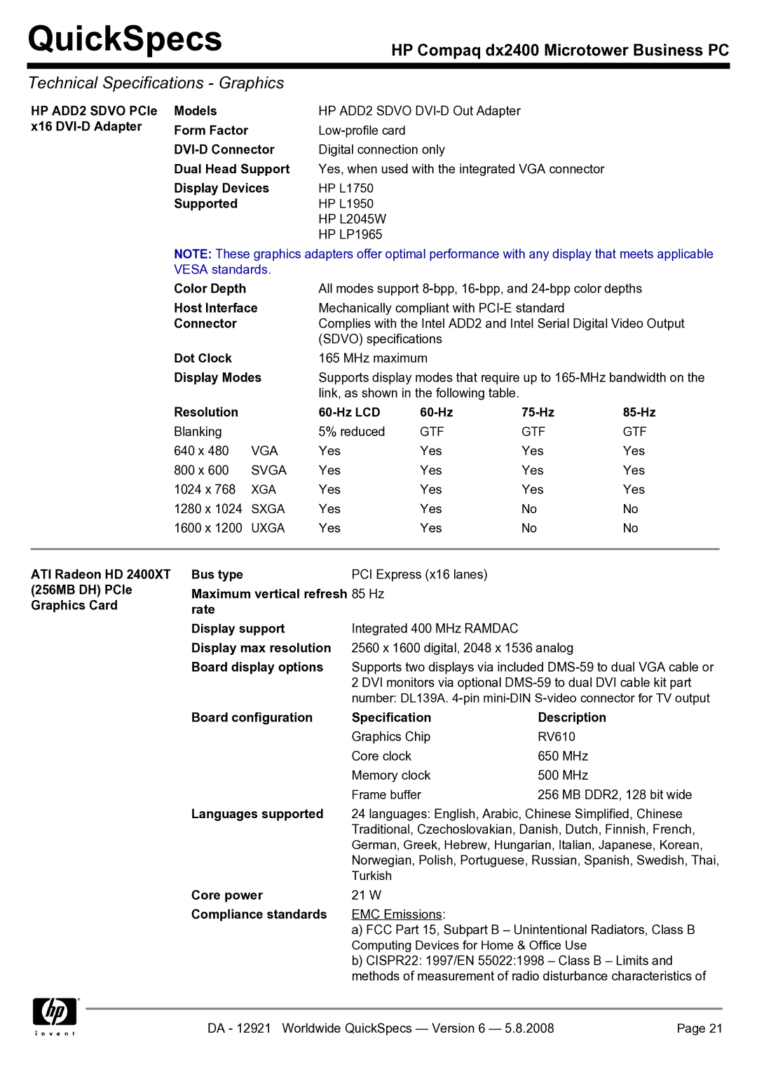 HP dx2400 HP ADD2 Sdvo PCIe Models, X16 DVI-D Adapter Form Factor, DVI-D Connector, Dual Head Support, Display Devices 