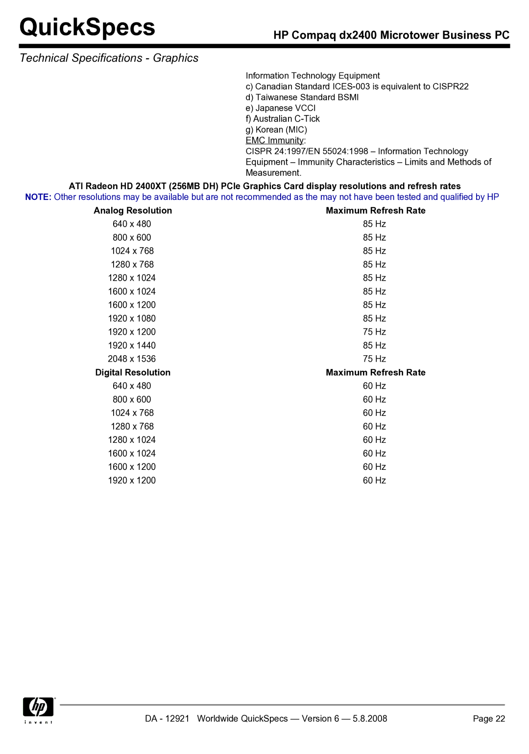 HP dx2400 manual 640 x 85 Hz 800 x 1024 x 1280 x 1600 x 1920 x 75 Hz 2048 x 