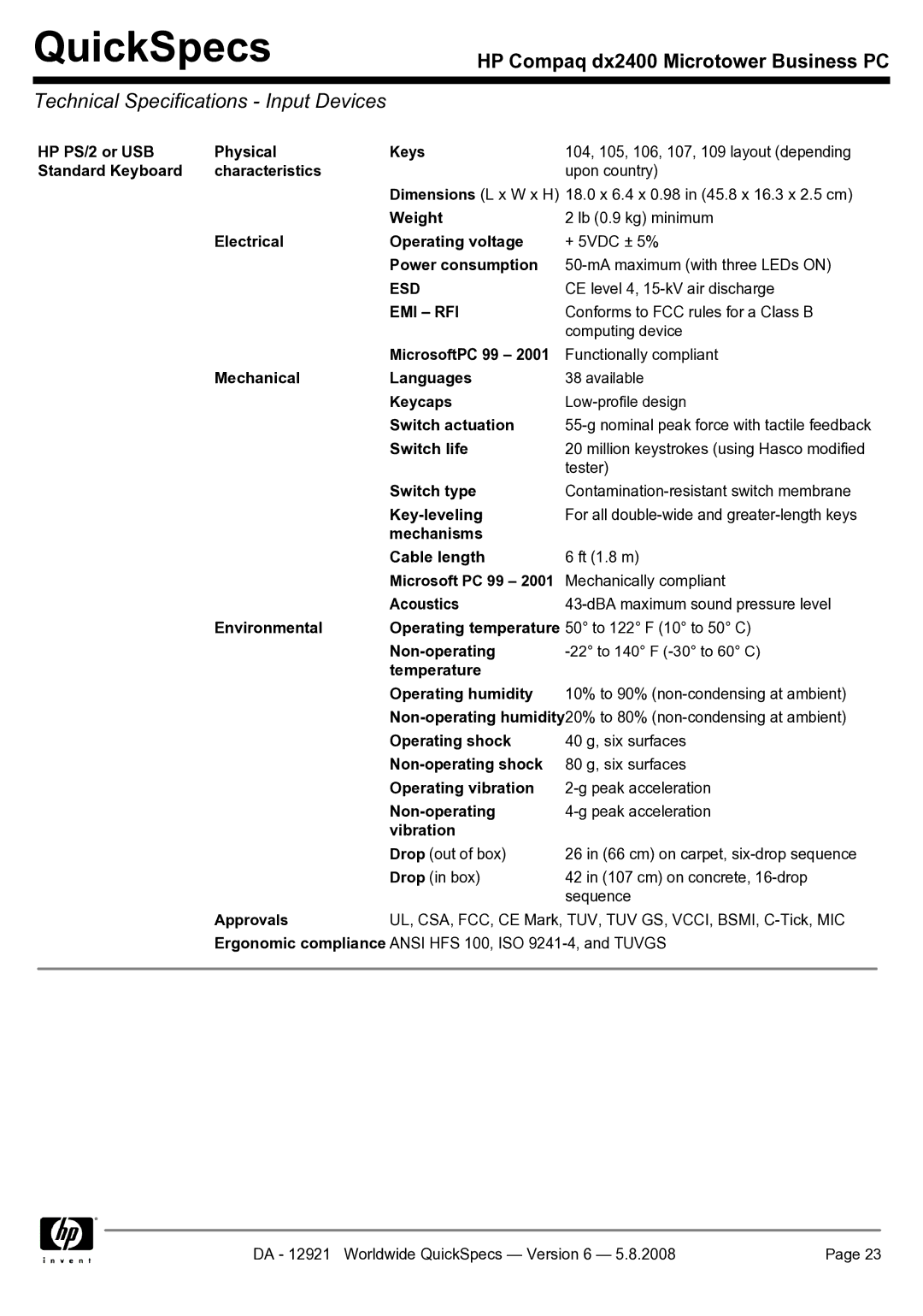 HP dx2400 manual Technical Specifications Input Devices, Esd, Emi Rfi 