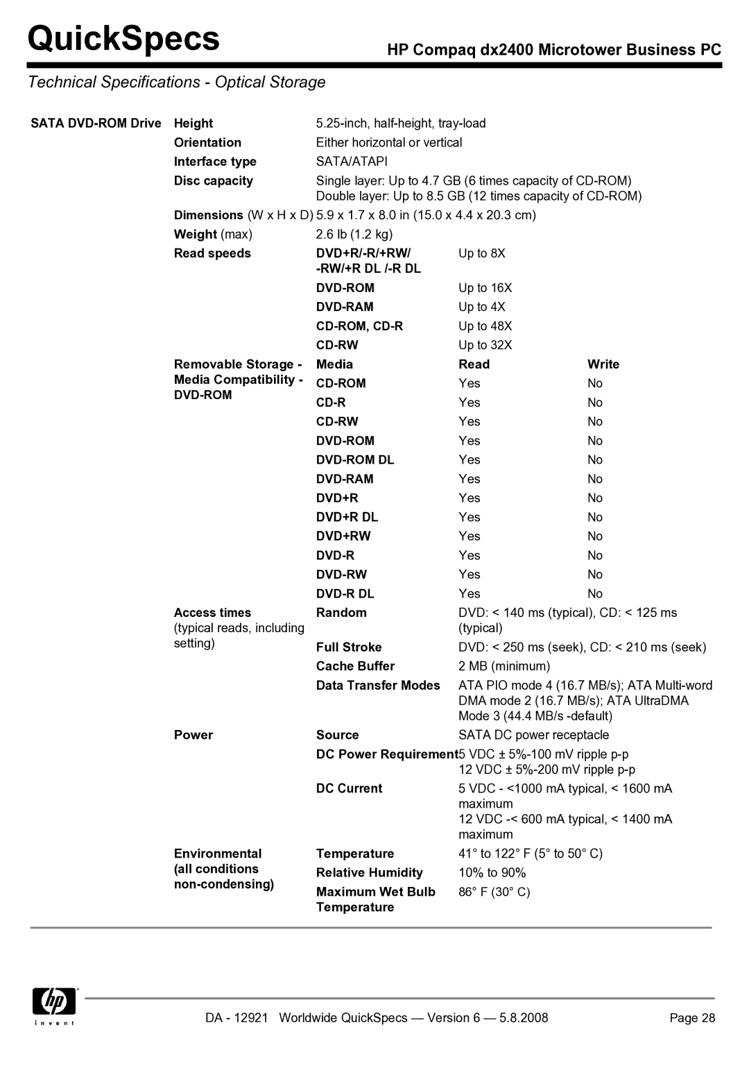 HP dx2400 manual Technical Specifications Optical Storage 