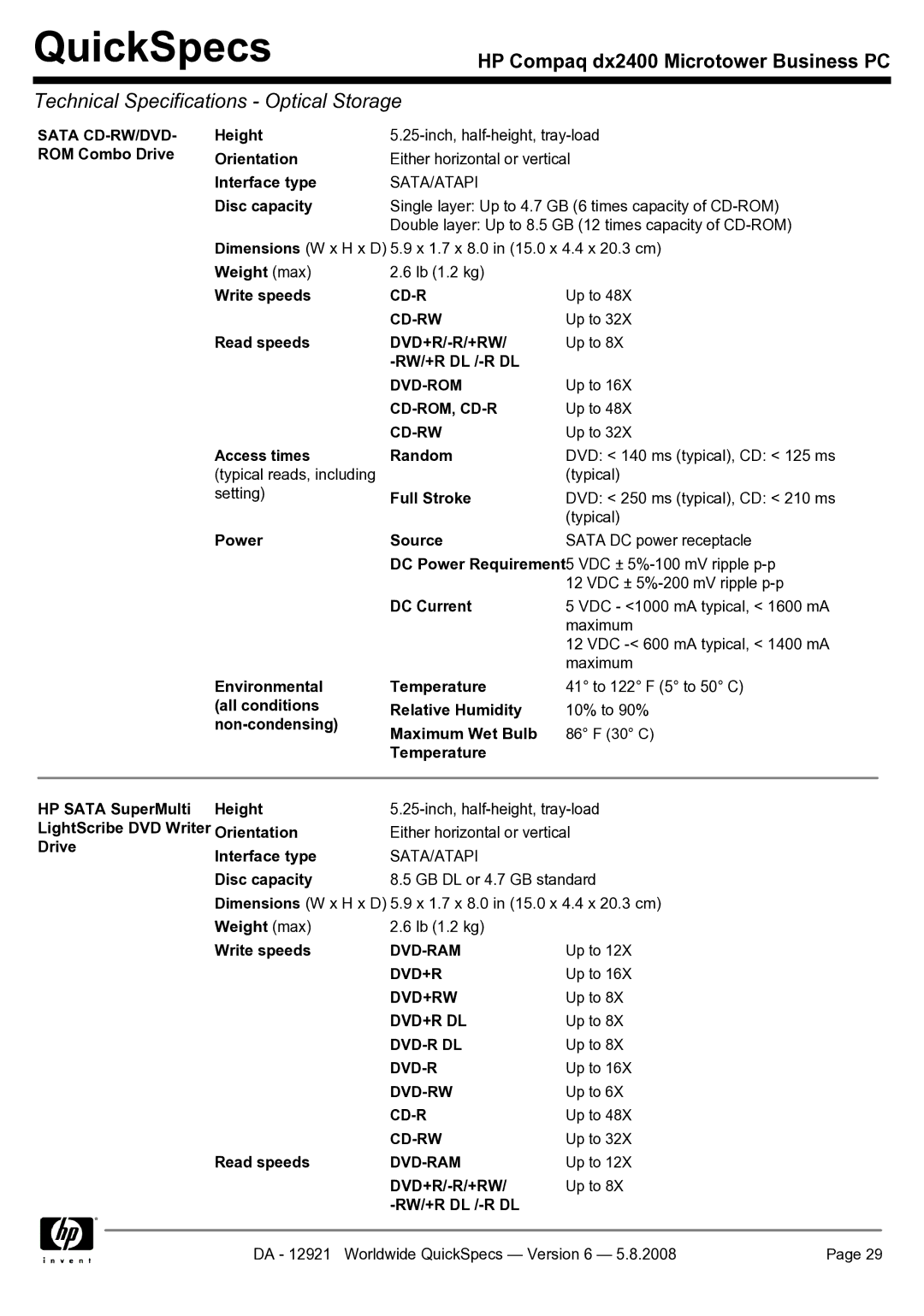 HP dx2400 manual Dvd+R/-R/+Rw, Sata/Atapi 