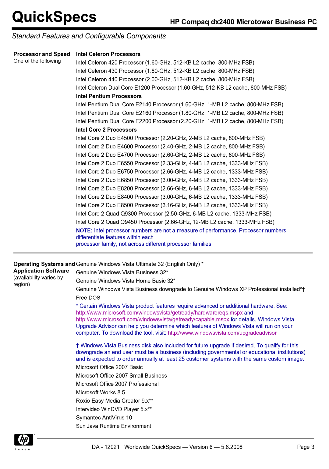 HP dx2400 manual Standard Features and Configurable Components, Processor and Speed, Intel Celeron Processors 