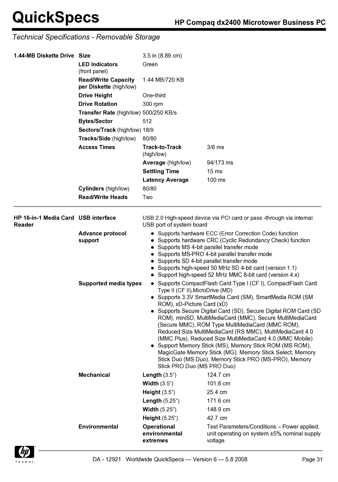 HP dx2400 manual Technical Specifications Removable Storage 