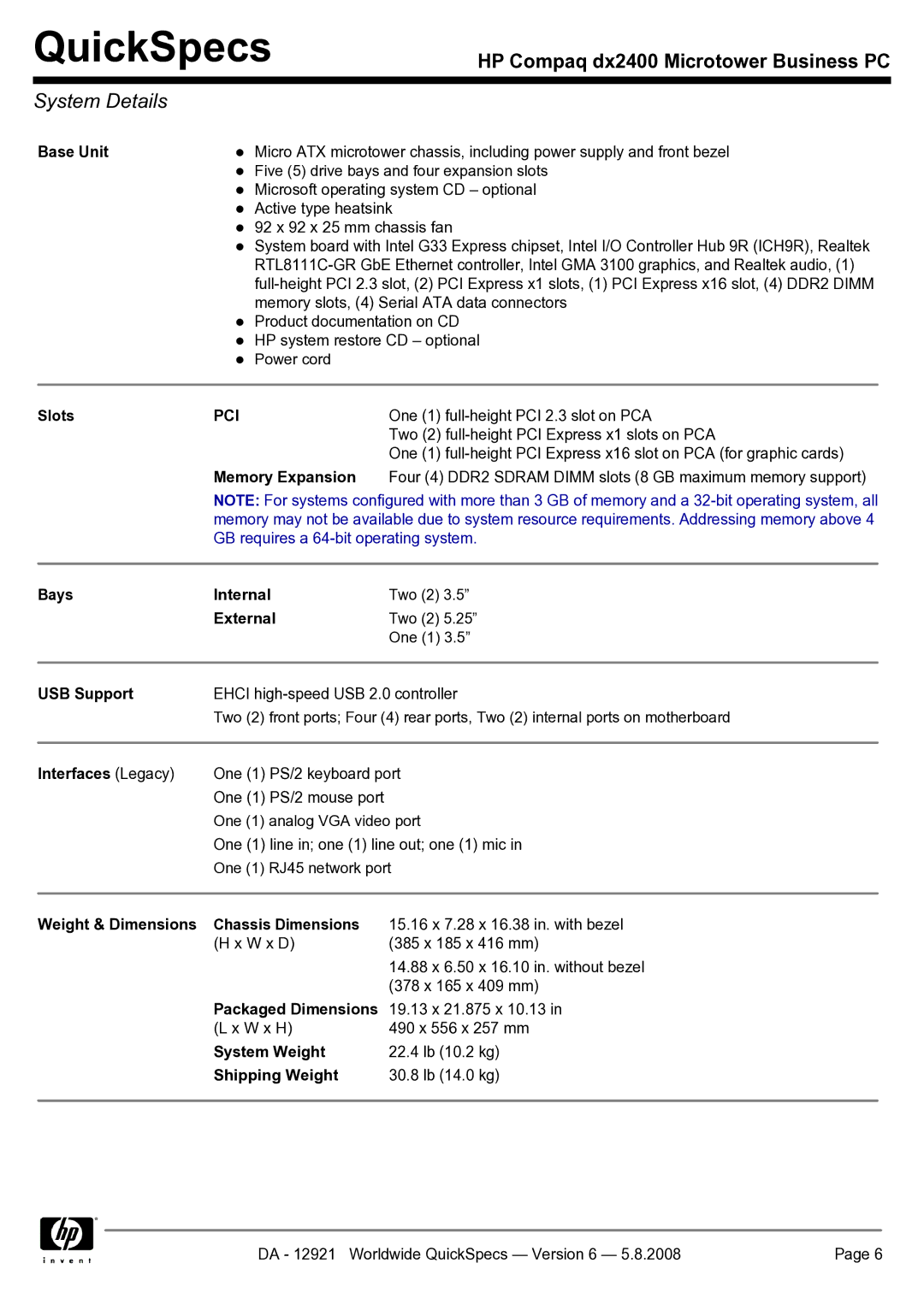 HP dx2400 manual System Details, Pci 