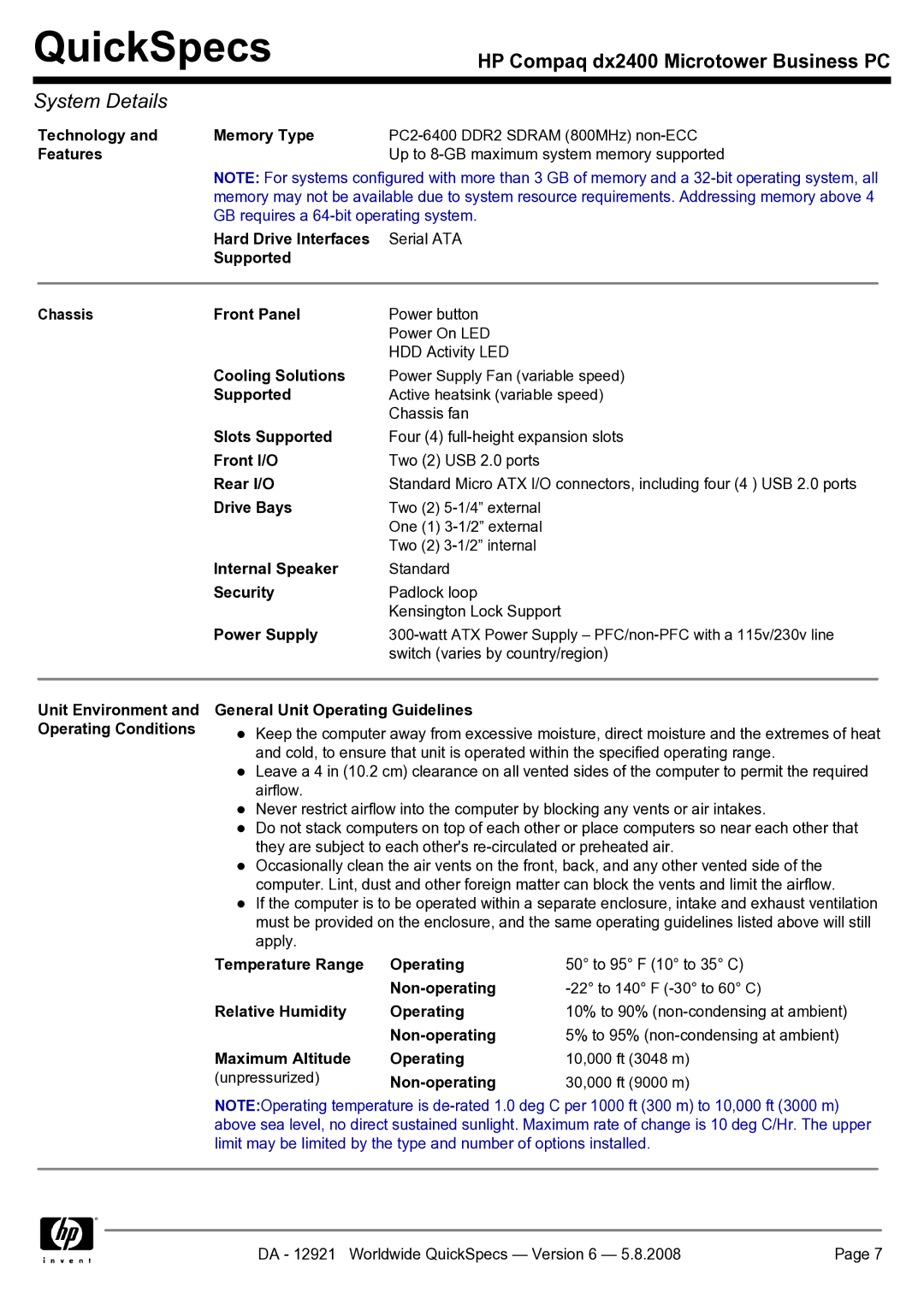 HP dx2400 manual Technology Memory Type, Features, Hard Drive Interfaces, Supported Chassis Front Panel, Cooling Solutions 