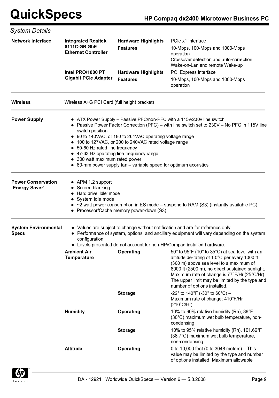 HP dx2400 Network Interface Integrated Realtek Hardware Highlights, 8111C-GR GbE Features, Ethernet Controller, Wireless 