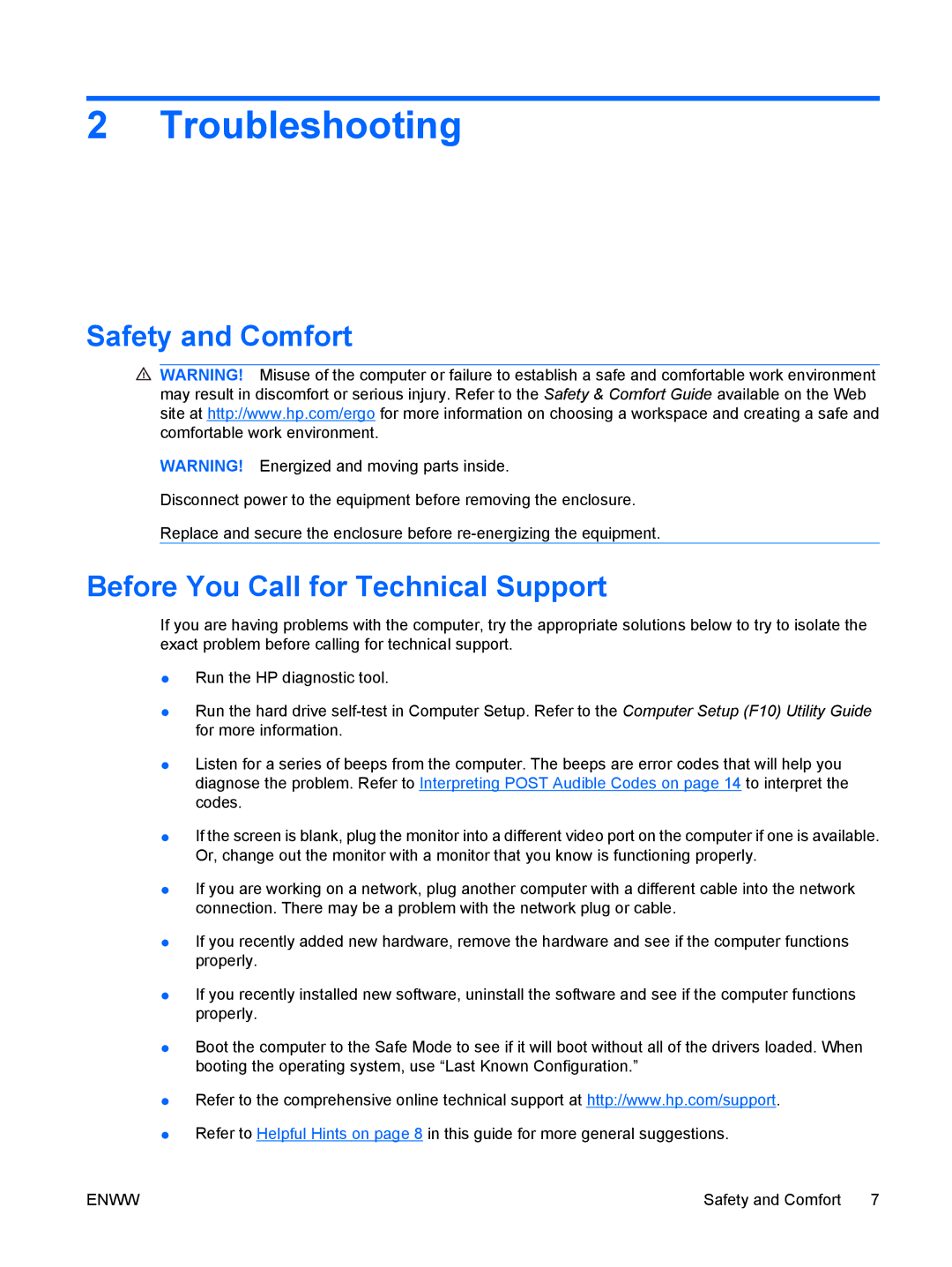 HP dx2400 manual Safety and Comfort, Before You Call for Technical Support 