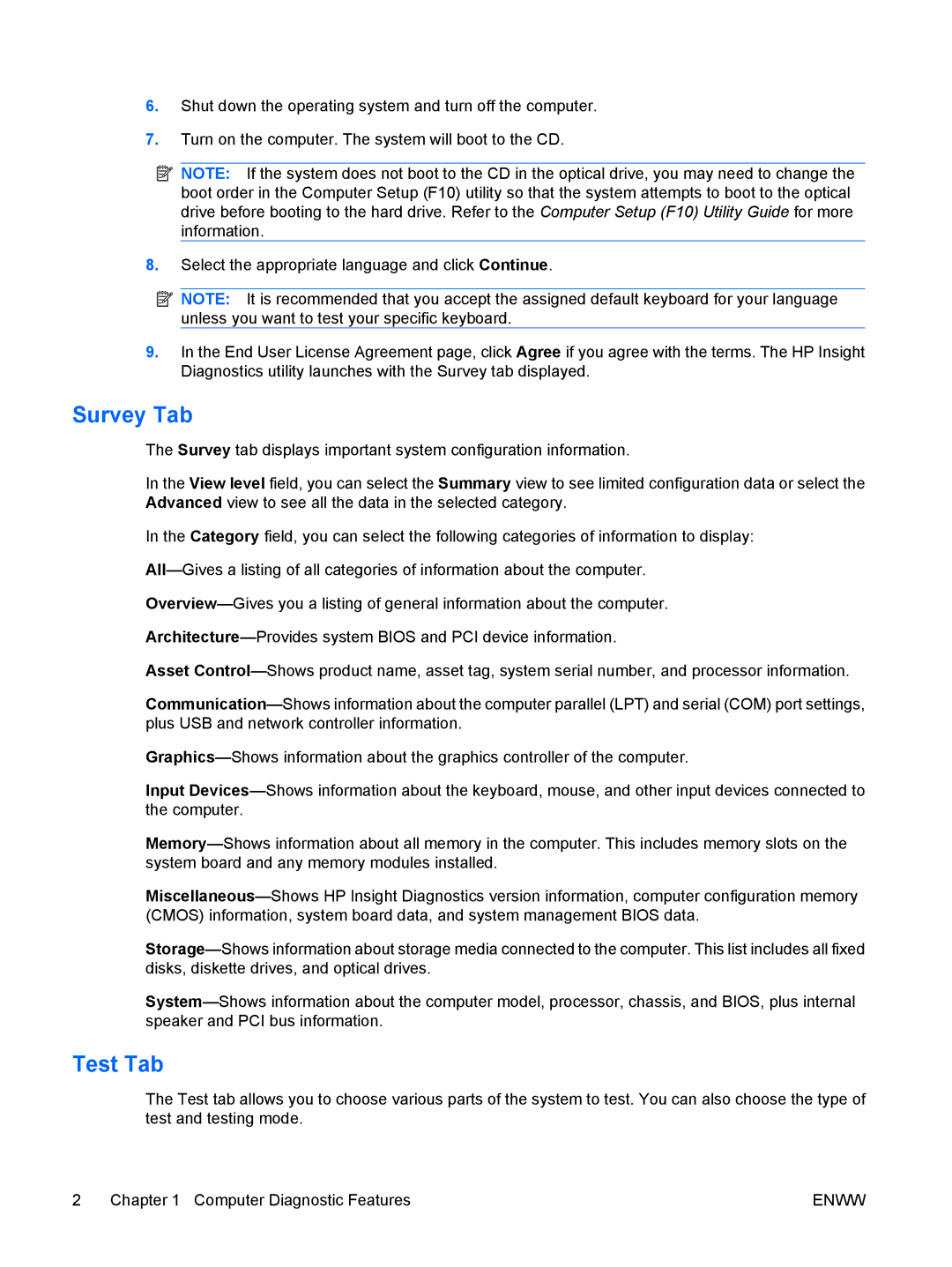 HP dx2400 manual Survey Tab, Test Tab 