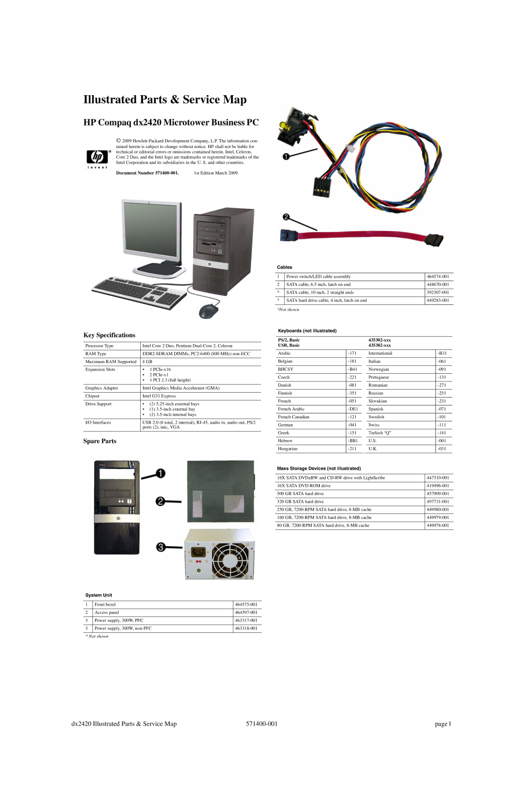 HP dx2420 manual Key Specifications, Spare Parts 