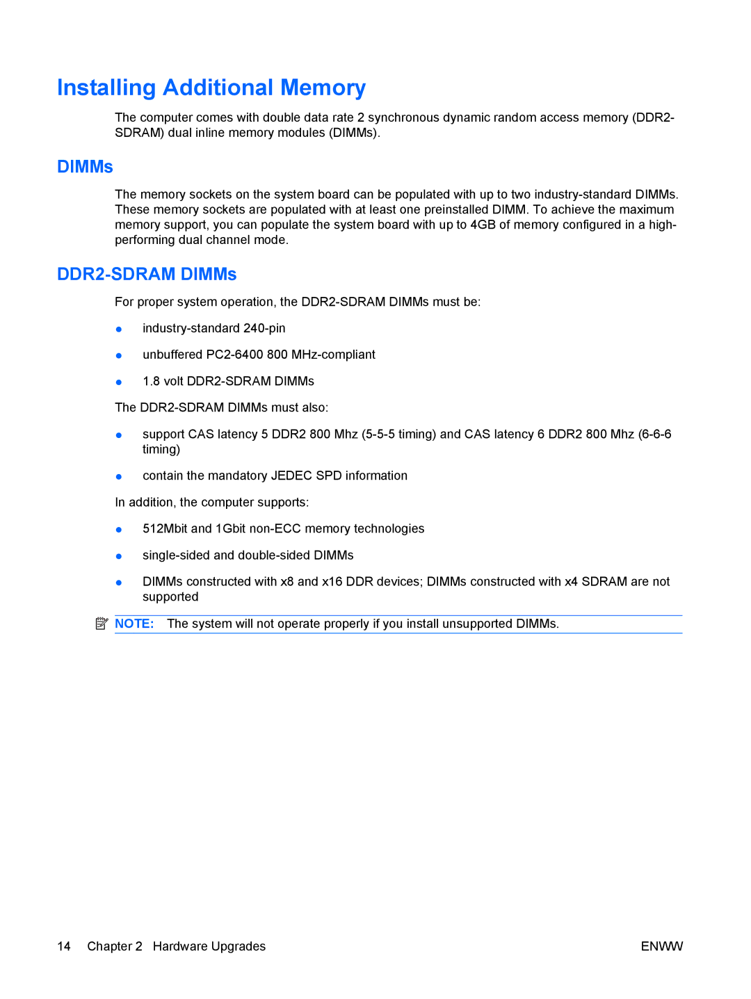 HP dx2420 manual Installing Additional Memory, DDR2-SDRAM DIMMs 