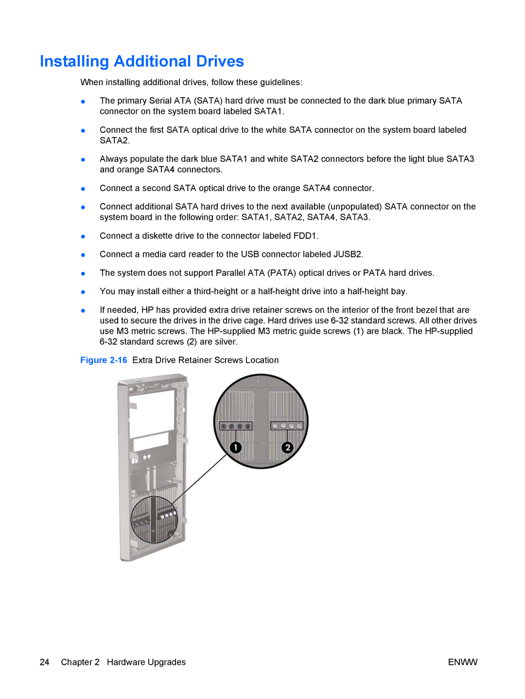 HP dx2420 manual Installing Additional Drives, 16Extra Drive Retainer Screws Location Hardware Upgrades 