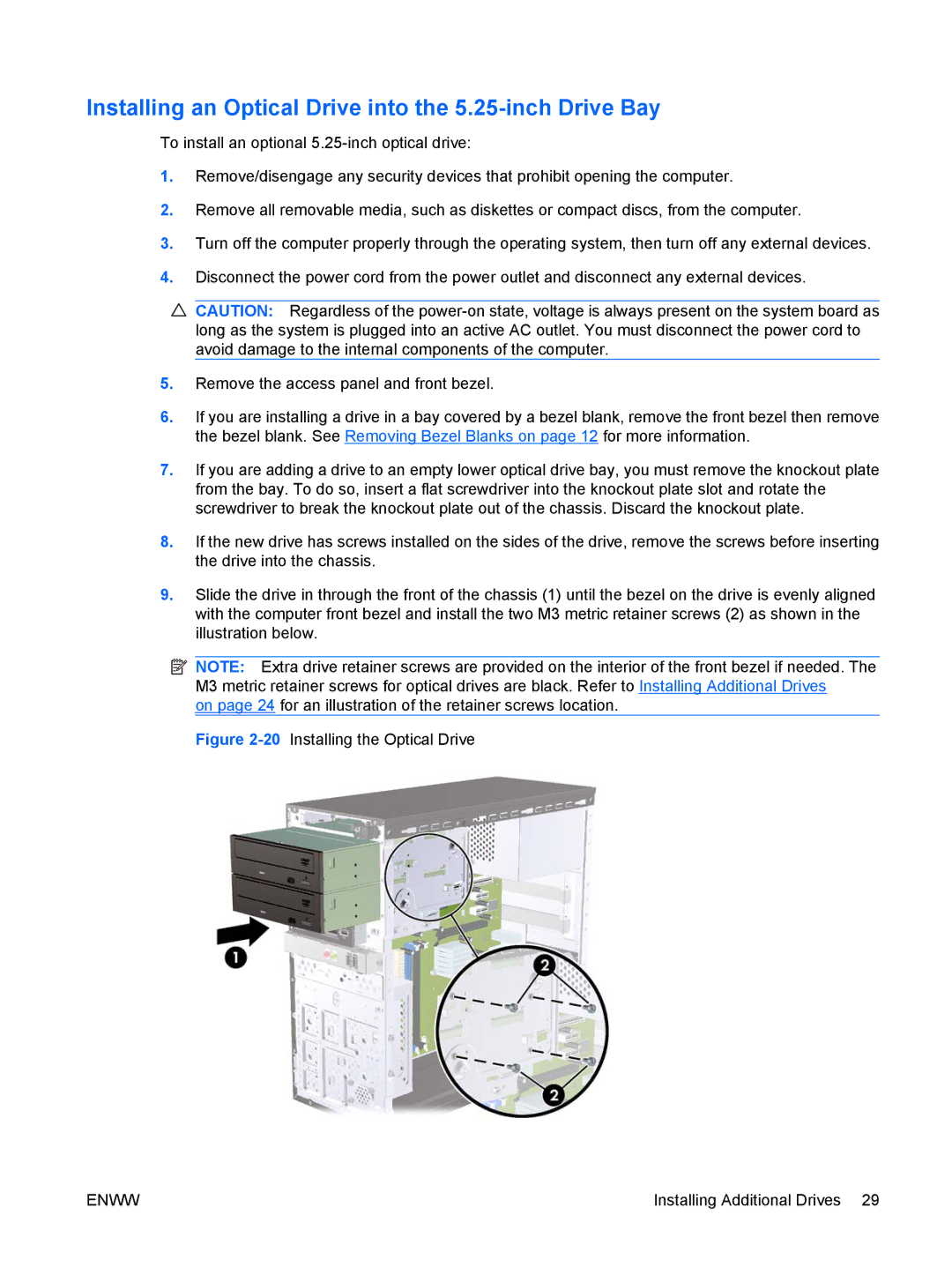 HP dx2420 manual Installing an Optical Drive into the 5.25-inch Drive Bay, 20Installing the Optical Drive 