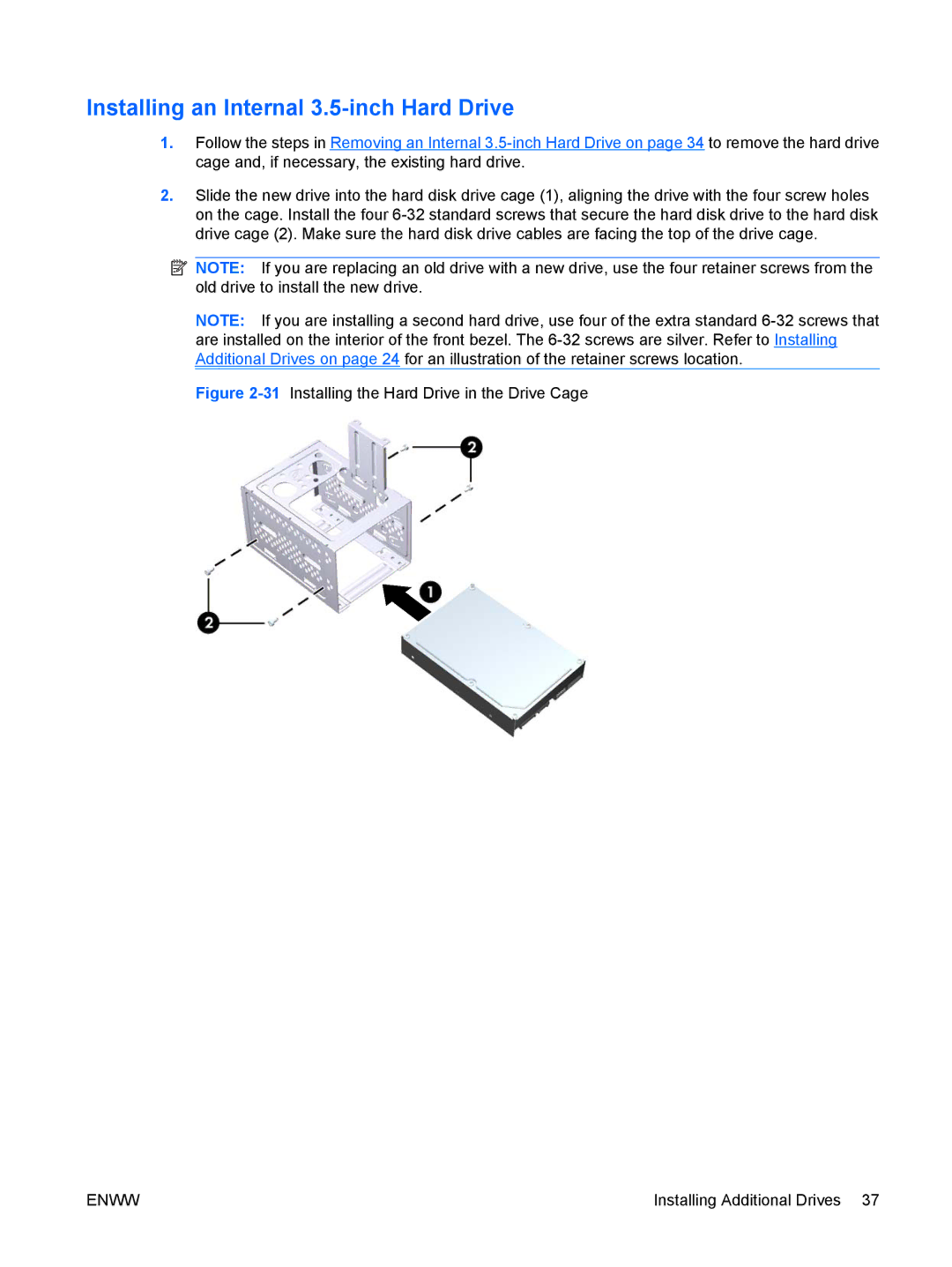 HP dx2420 manual Installing an Internal 3.5-inch Hard Drive, 31Installing the Hard Drive in the Drive Cage 