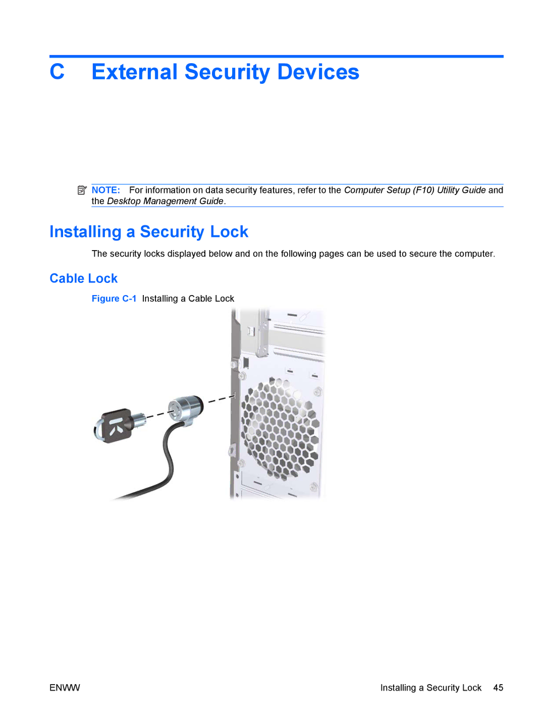 HP dx2420 manual External Security Devices, Installing a Security Lock, Cable Lock 