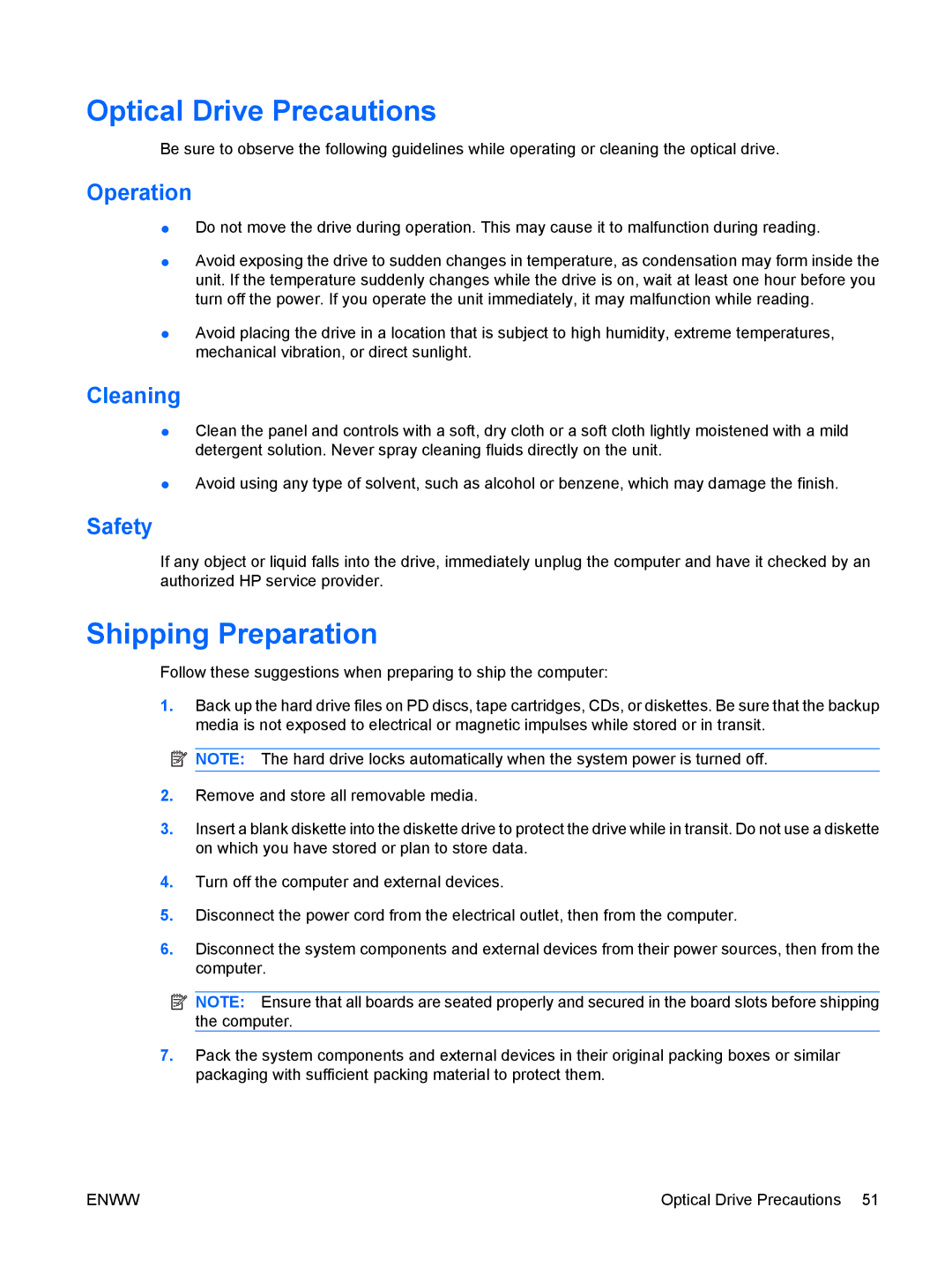 HP dx2420 manual Optical Drive Precautions, Shipping Preparation, Operation, Cleaning, Safety 