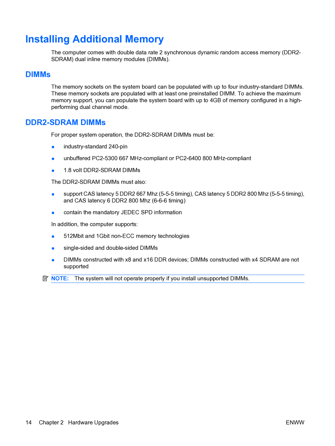 HP dx2450 manual Installing Additional Memory, DDR2-SDRAM DIMMs 