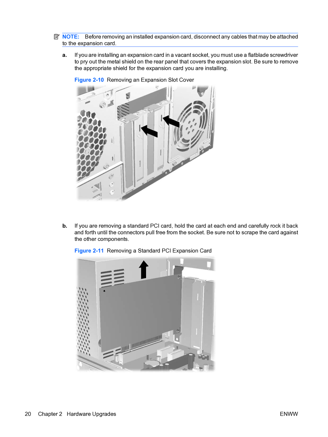 HP dx2450 manual 11Removing a Standard PCI Expansion Card Hardware Upgrades 