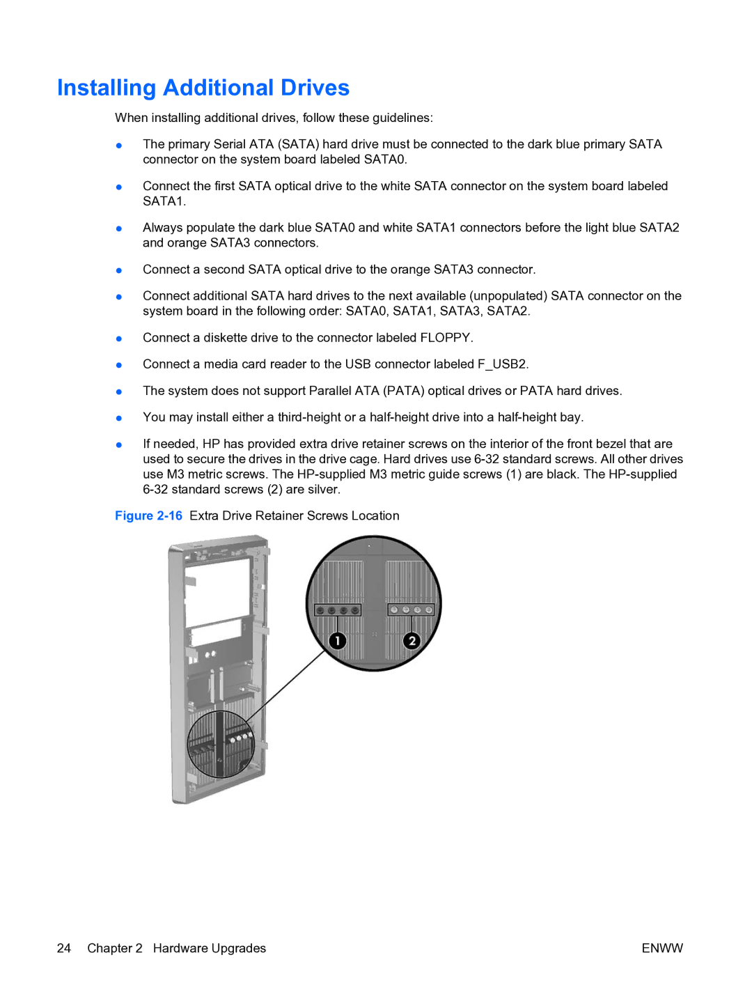 HP dx2450 manual Installing Additional Drives, 16Extra Drive Retainer Screws Location Hardware Upgrades 