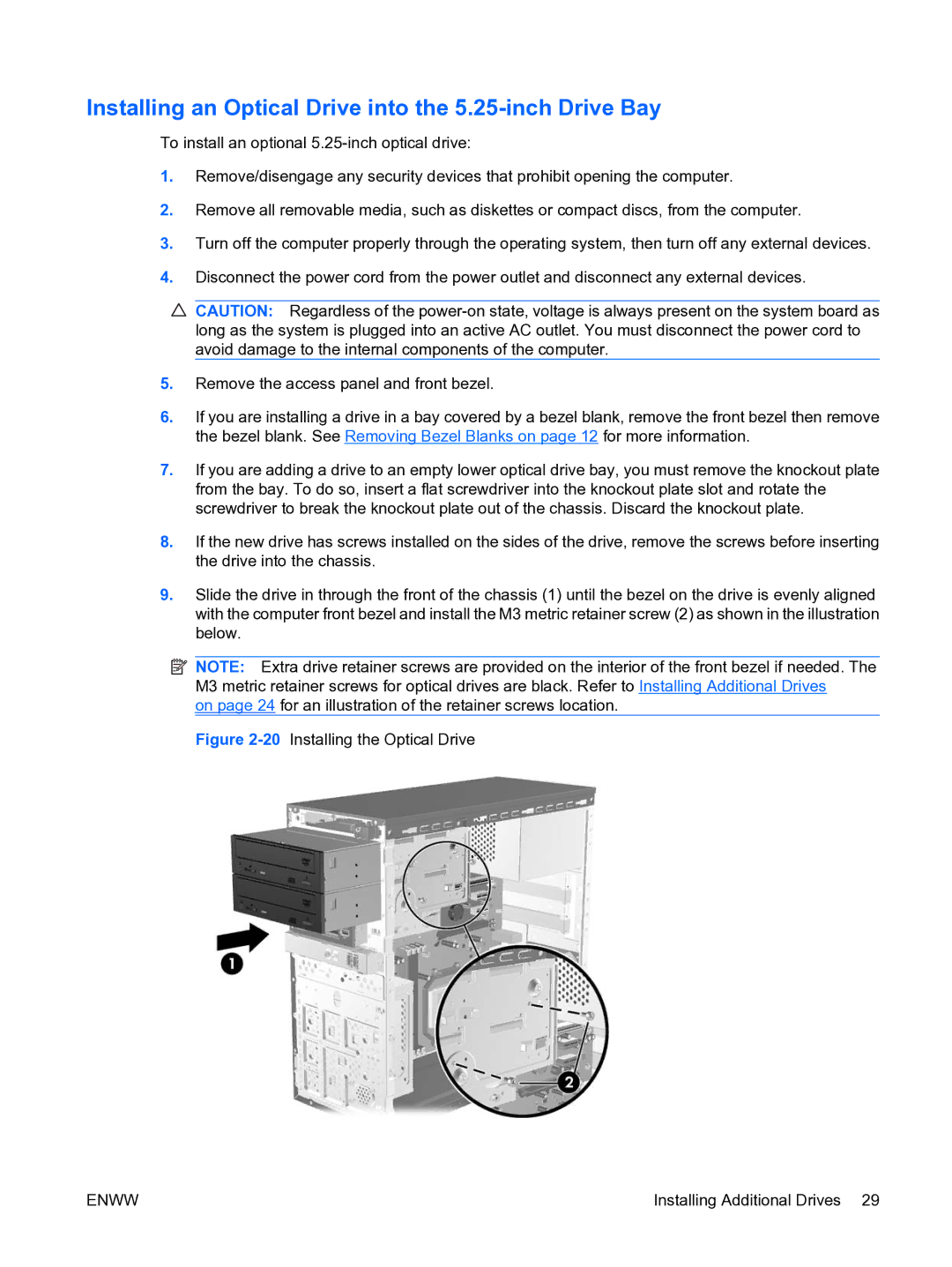 HP dx2450 manual Installing an Optical Drive into the 5.25-inch Drive Bay, 20Installing the Optical Drive 