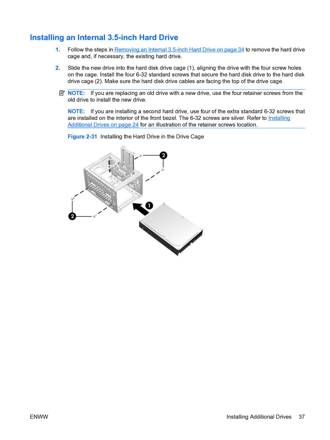 HP dx2450 manual Installing an Internal 3.5-inch Hard Drive, 31Installing the Hard Drive in the Drive Cage 