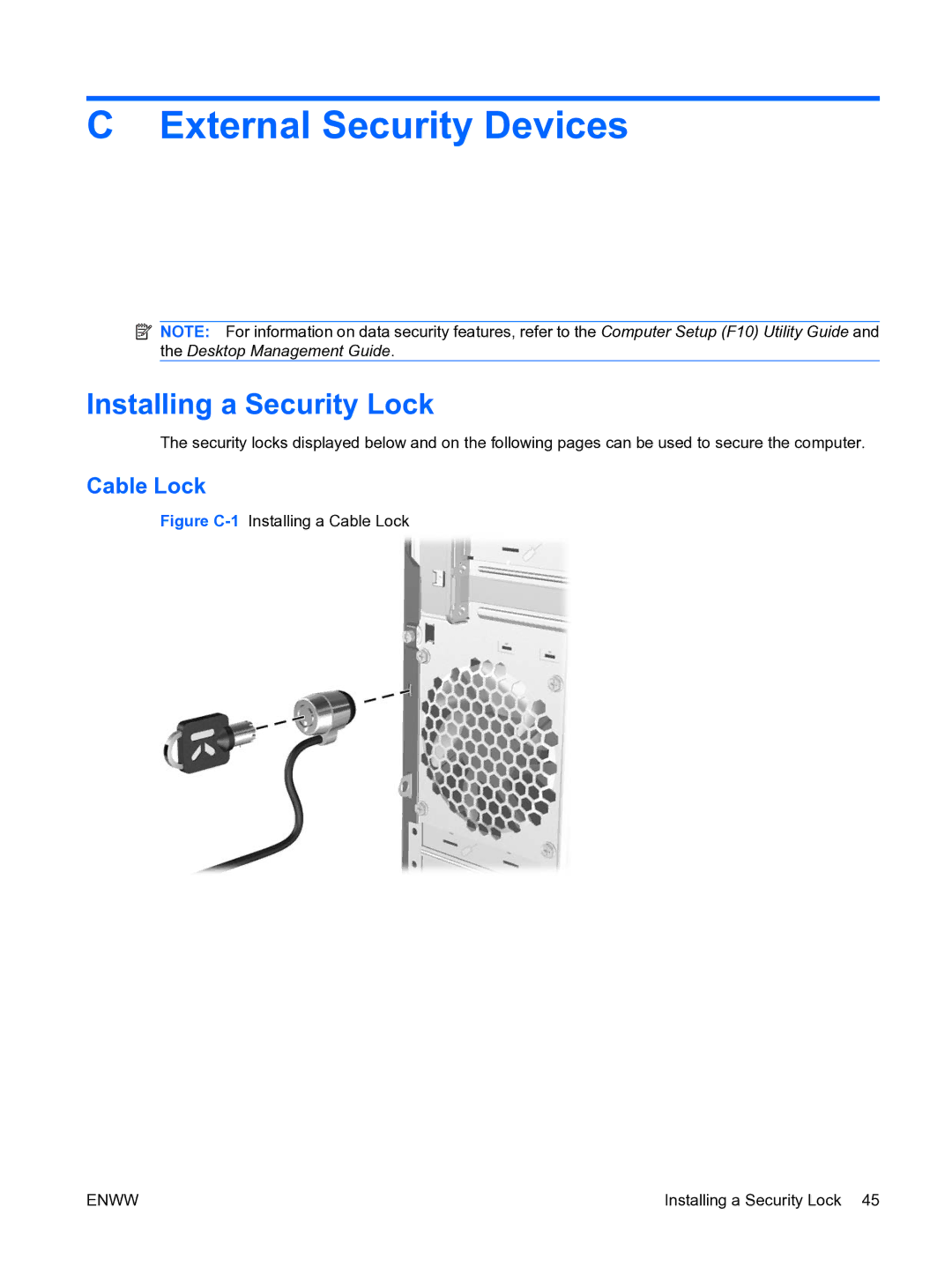 HP dx2450 manual External Security Devices, Installing a Security Lock, Cable Lock 