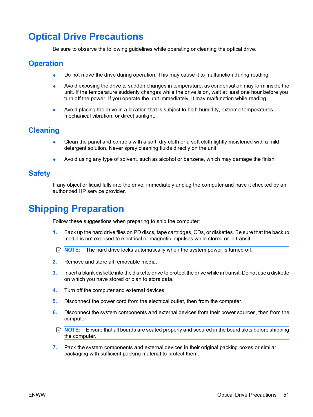 HP dx2450 manual Optical Drive Precautions, Shipping Preparation, Operation, Cleaning, Safety 