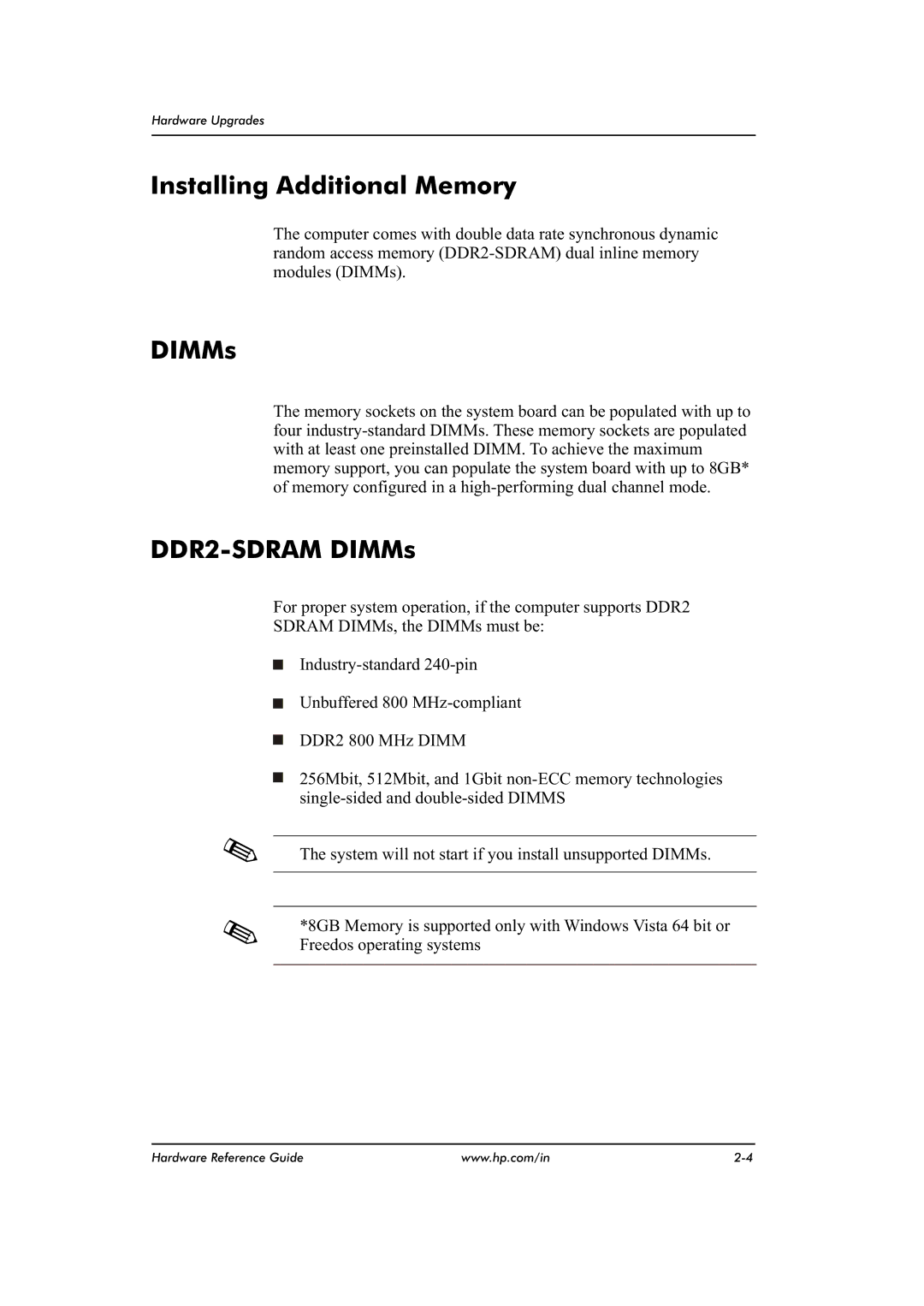 HP dx2480 manual Installing Additional Memory, DDR2-SDRAM DIMMs 