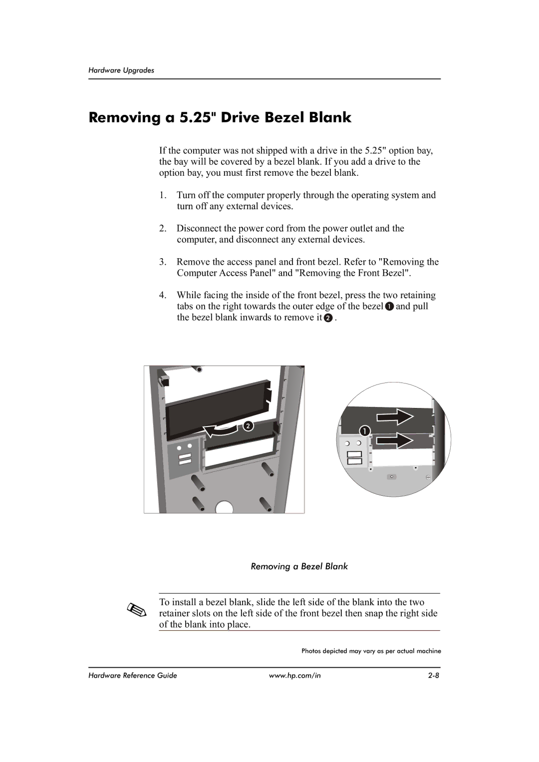 HP dx2480 manual Removing a 5.25 Drive Bezel Blank 