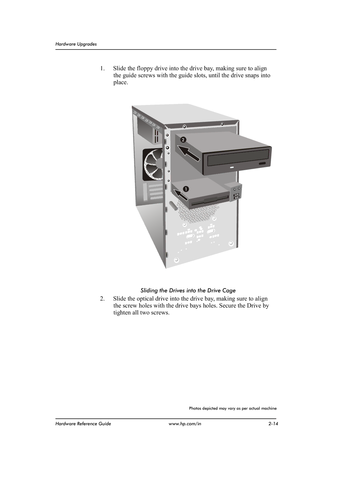 HP dx2480 manual Sliding the Drives into the Drive Cage 