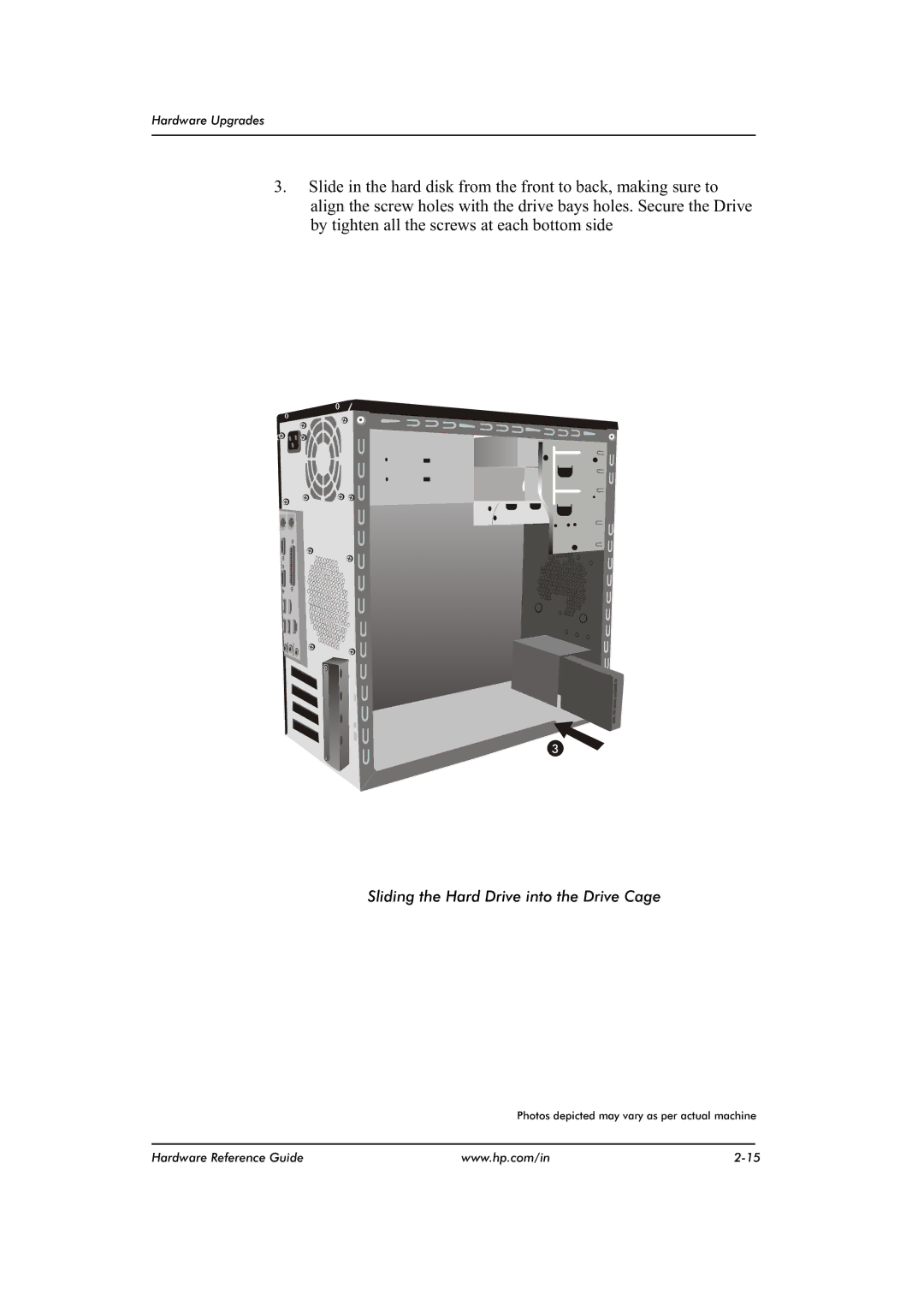 HP dx2480 manual Sliding the Hard Drive into the Drive Cage 