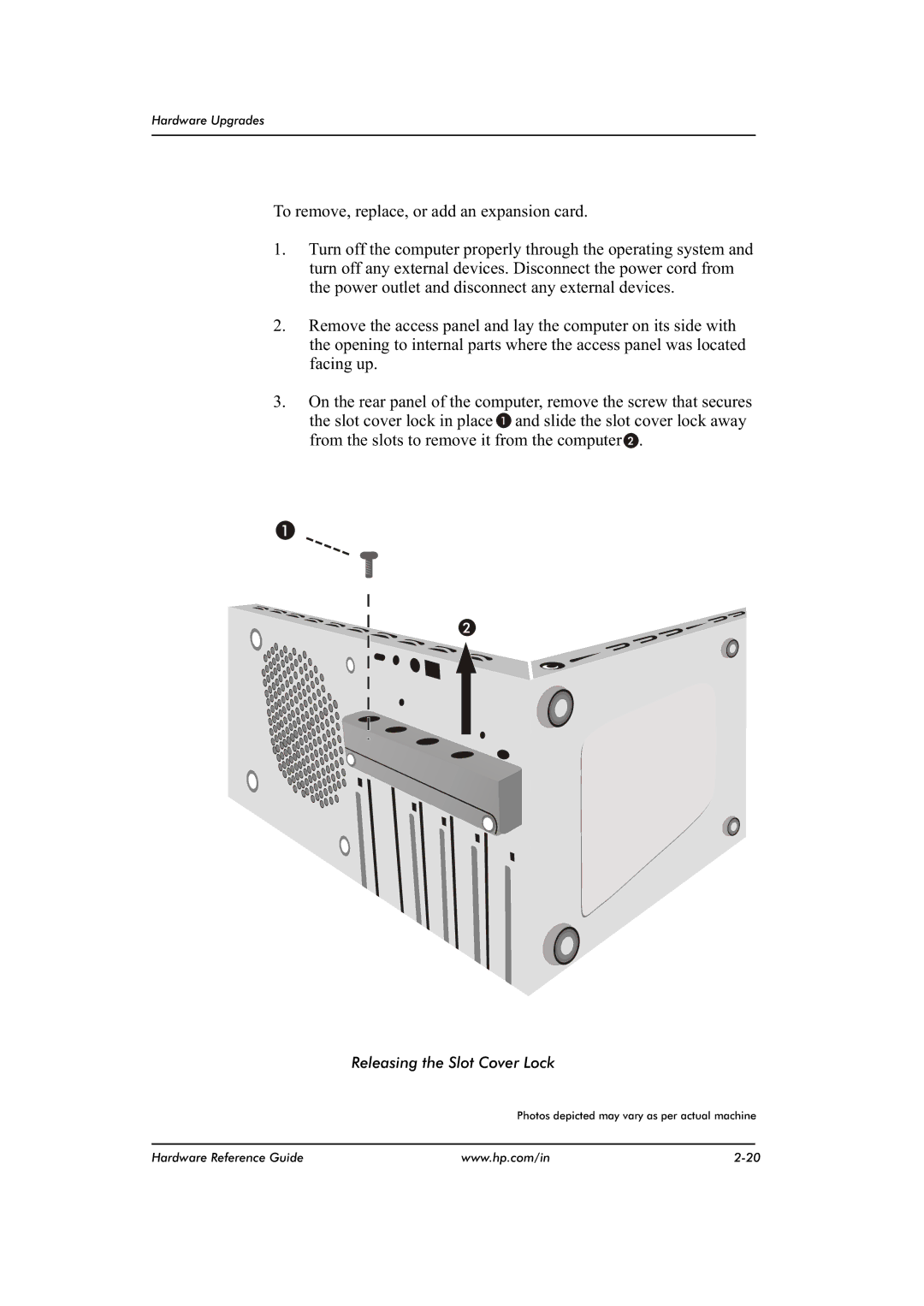 HP dx2480 manual Releasing the Slot Cover Lock 