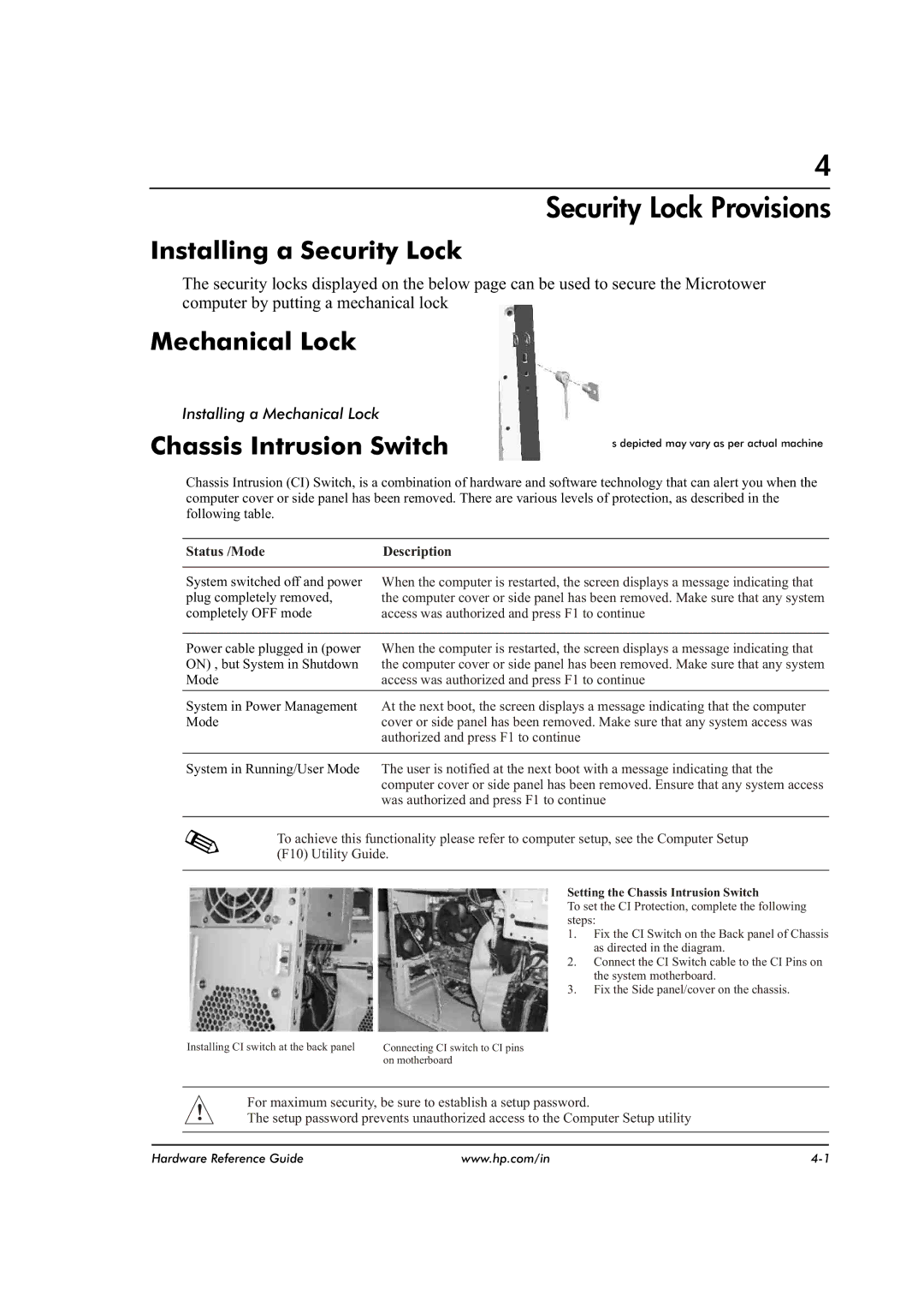 HP dx2480 manual Installing a Security Lock, Mechanical Lock, Chassis Intrusion Switch 