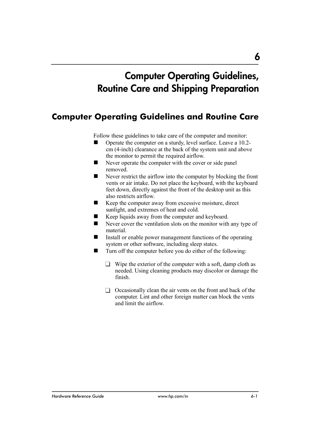 HP dx2480 manual Computer Operating Guidelines and Routine Care 