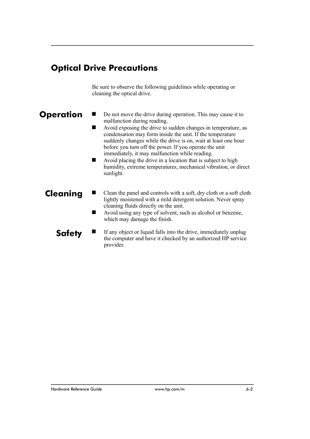 HP dx2480 manual Optical Drive Precautions, Operation, Cleaning, Safety 