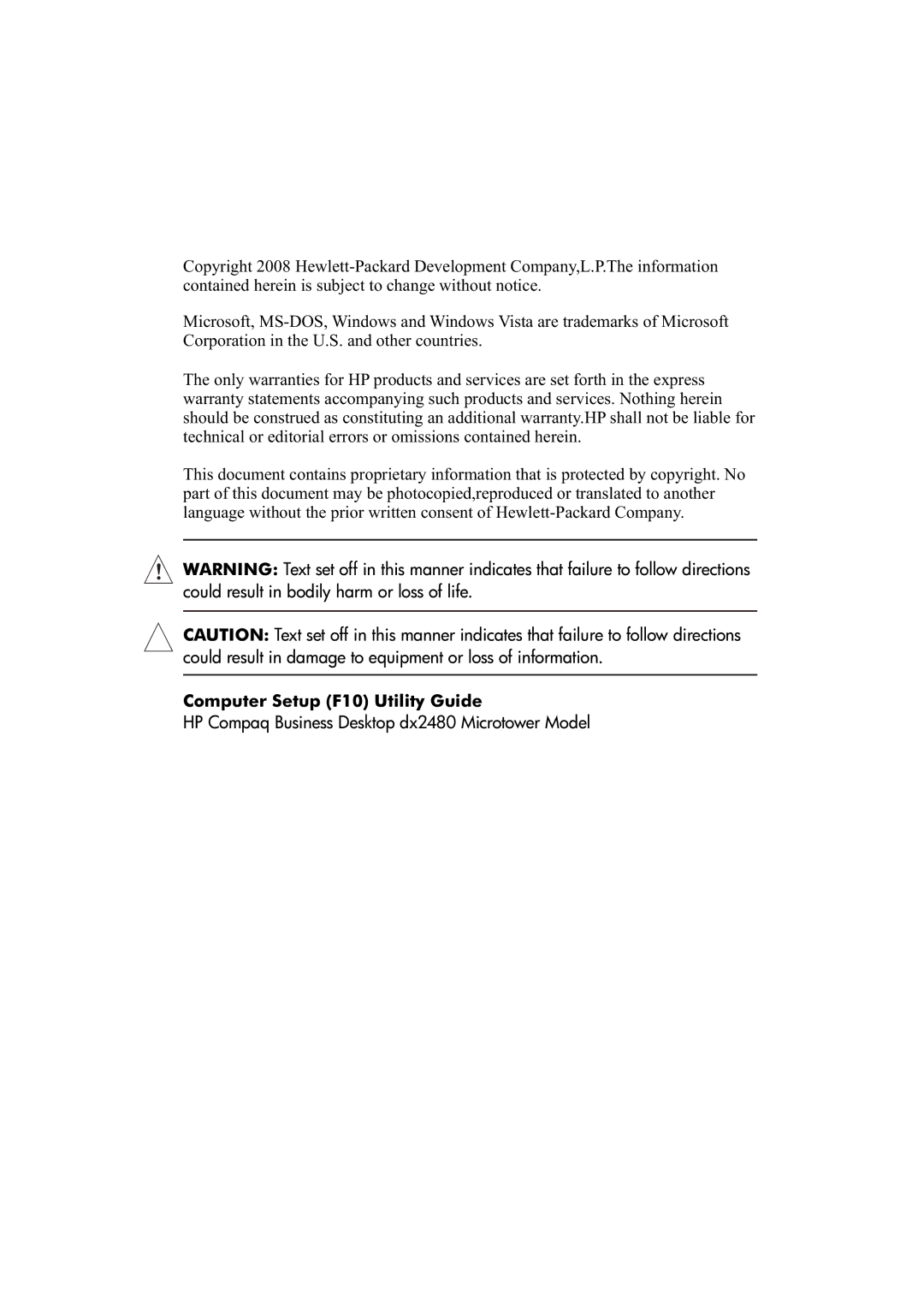 HP dx2480 manual Computer Setup F10 Utility Guide 