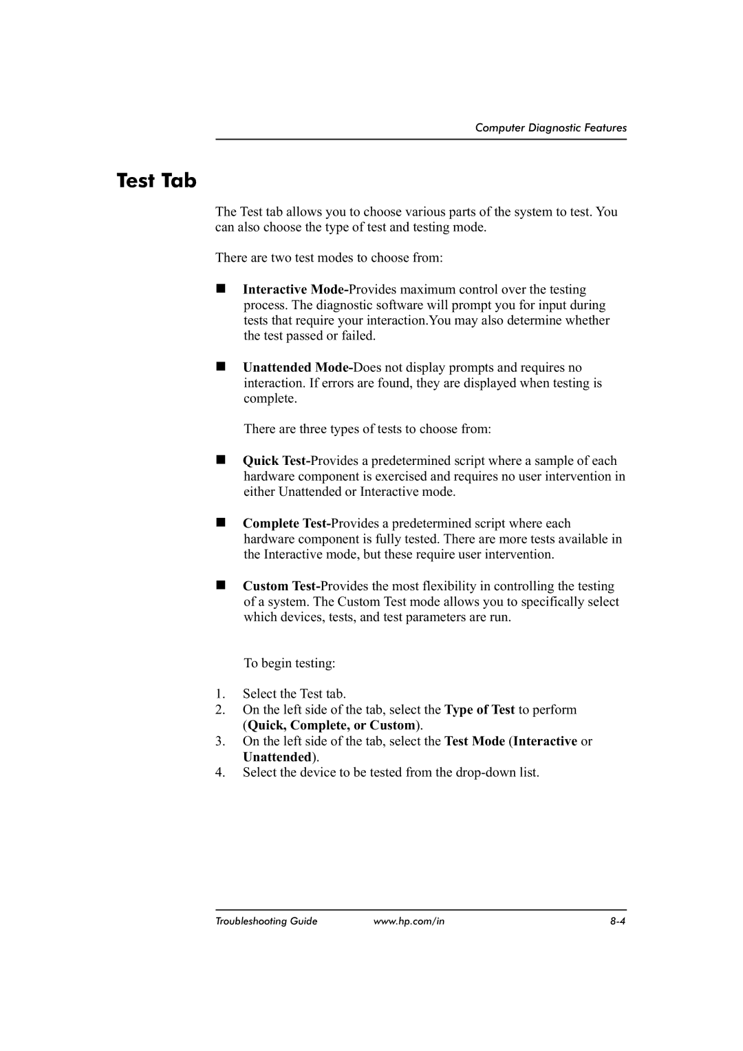 HP dx2480 manual Test Tab, Unattended 