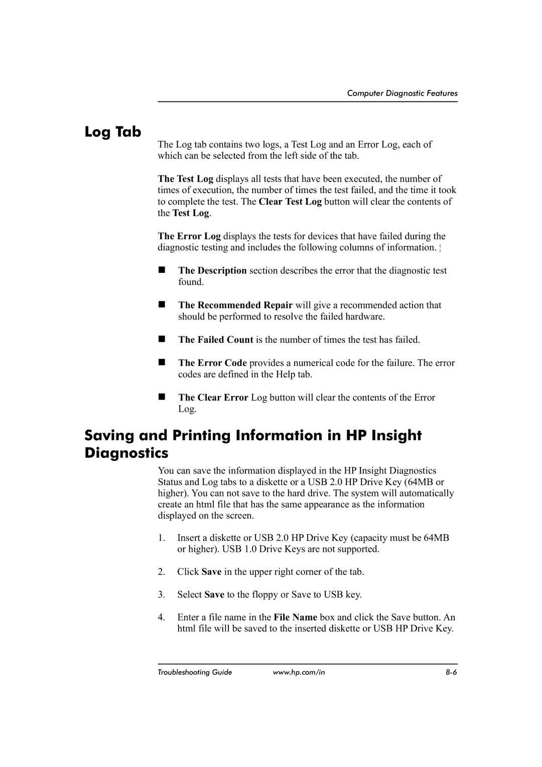 HP dx2480 manual Log Tab, Saving and Printing Information in HP Insight Diagnostics 