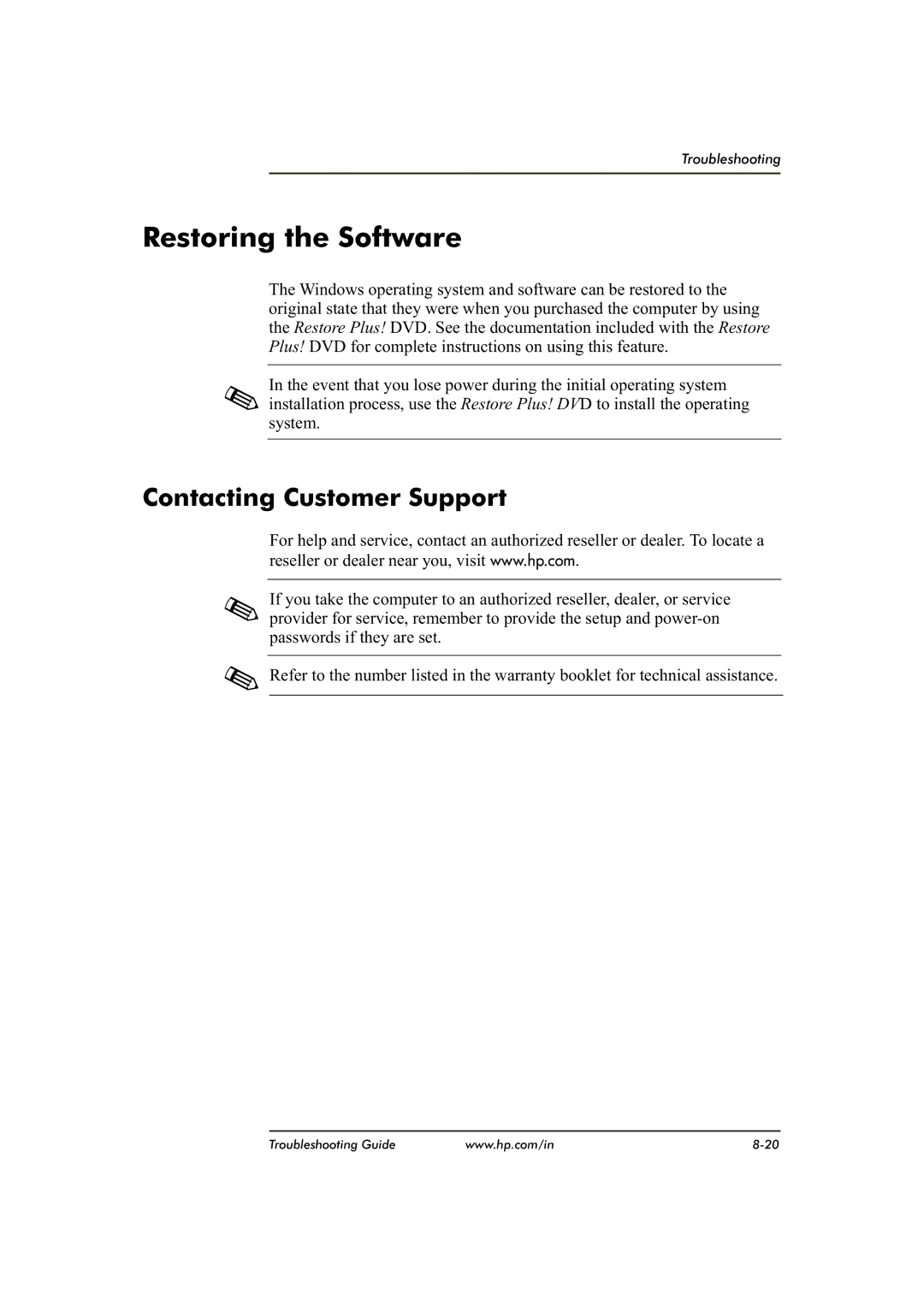 HP dx2480 manual Restoring the Software, Contacting Customer Support 