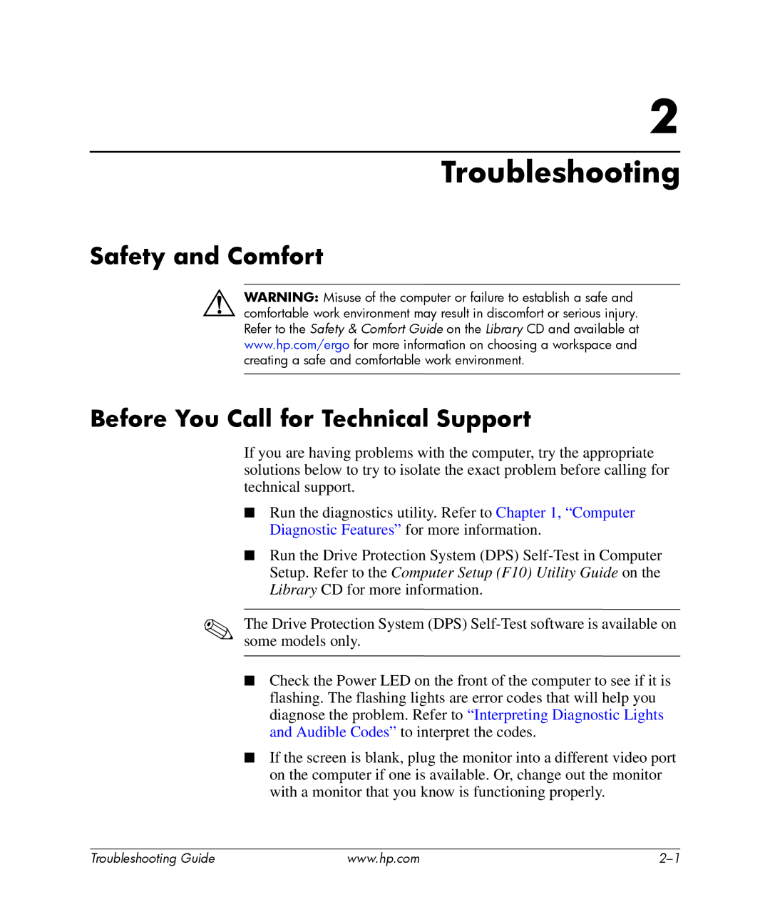 HP dx2700 manual Troubleshooting, Safety and Comfort Before You Call for Technical Support 