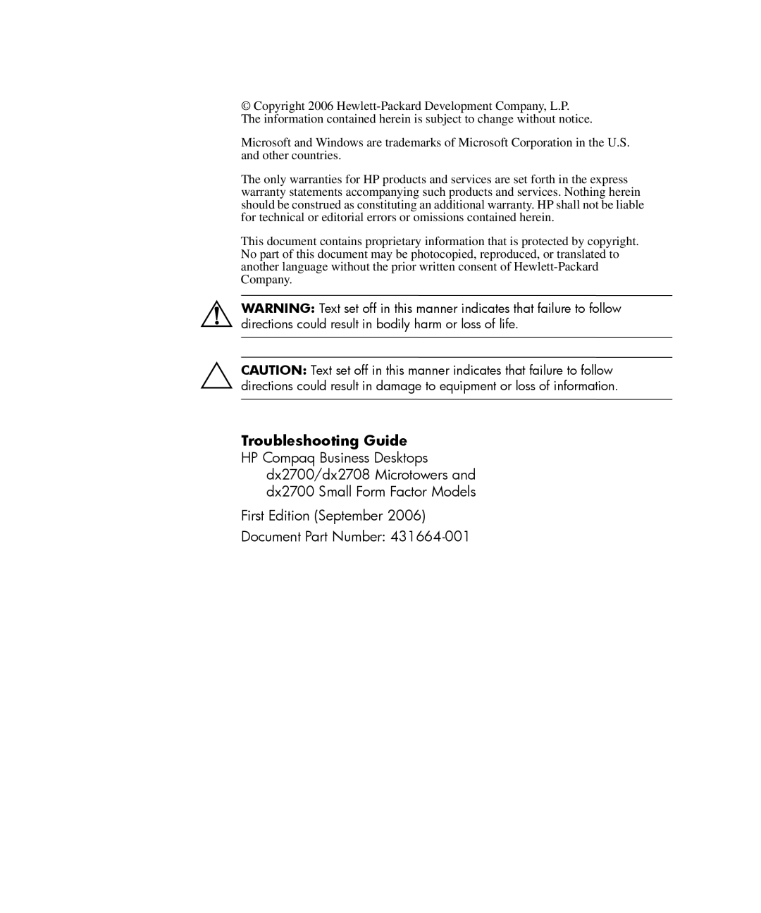 HP dx2700 manual Troubleshooting Guide HP Compaq Business Desktops 