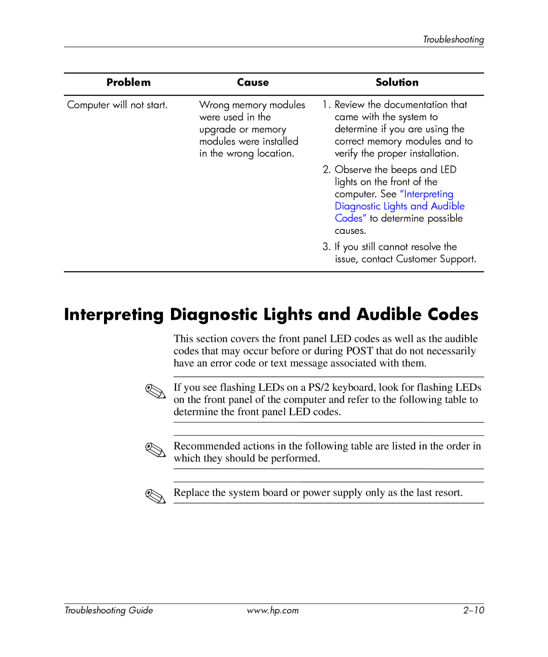 HP dx2700 manual Interpreting Diagnostic Lights and Audible Codes 