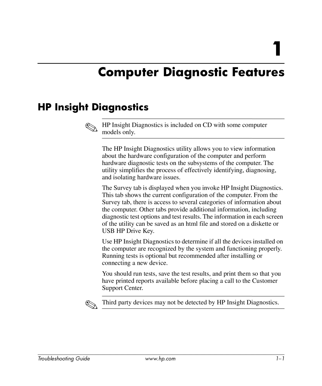 HP dx2700 manual Computer Diagnostic Features, HP Insight Diagnostics 