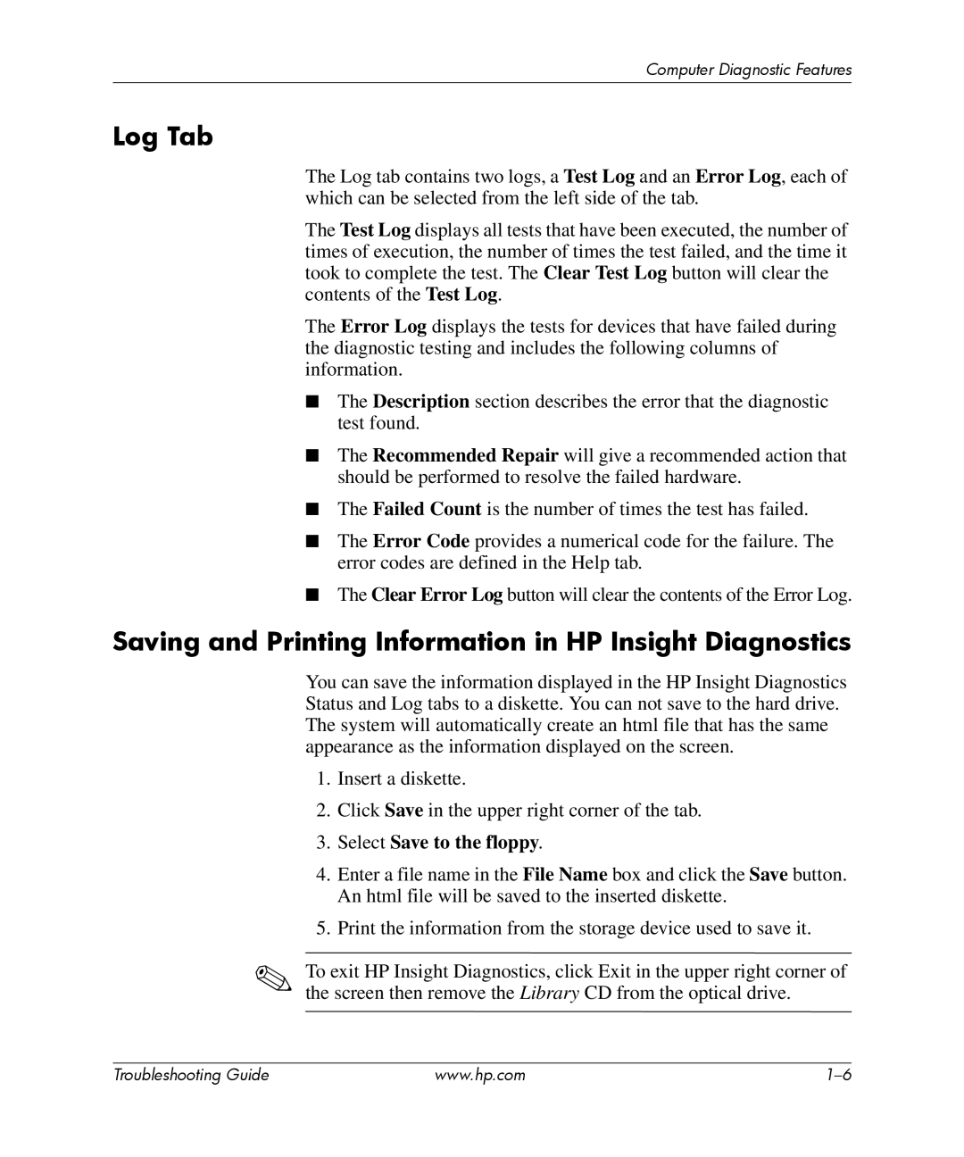 HP dx2700 manual Log Tab, Saving and Printing Information in HP Insight Diagnostics 