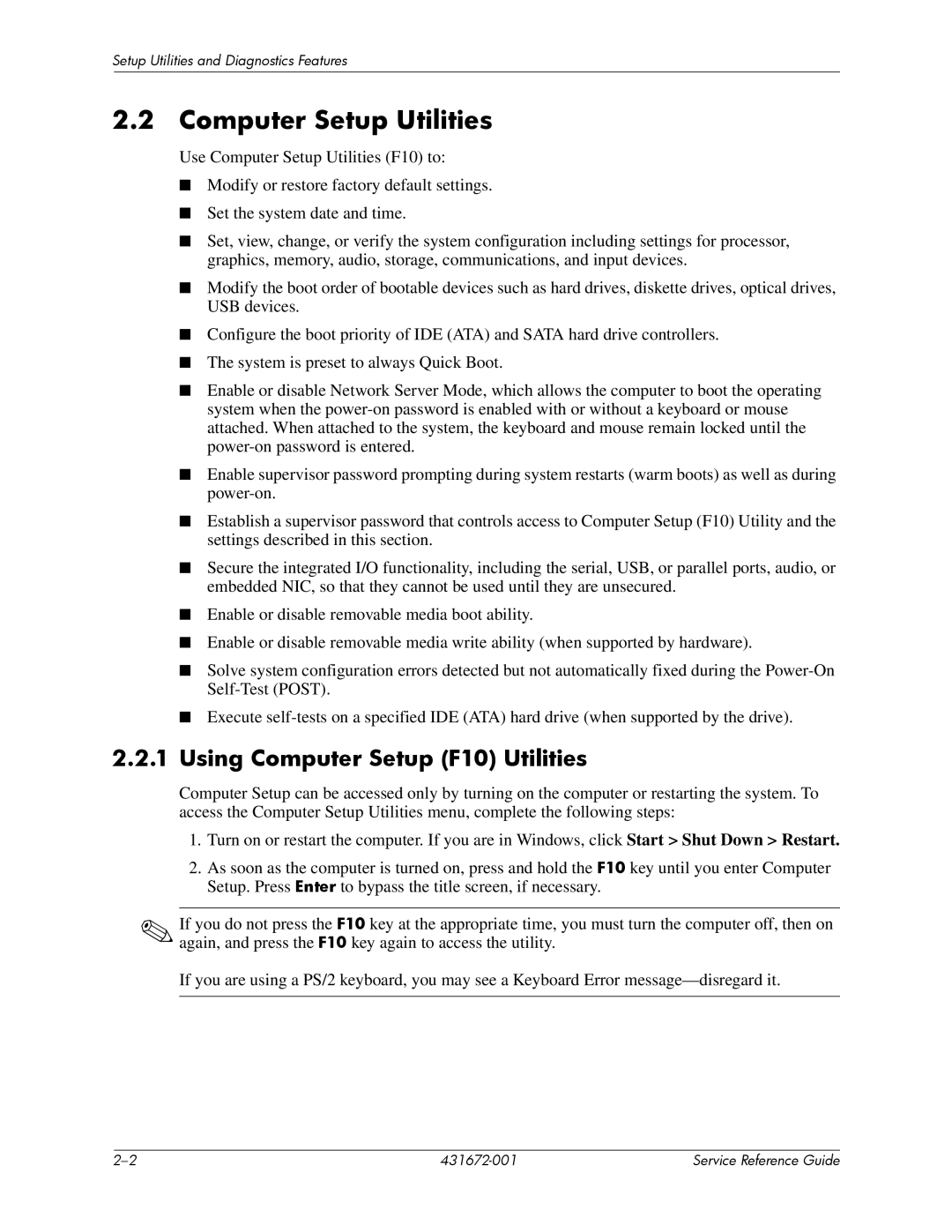 HP dx2700 manual Computer Setup Utilities, Using Computer Setup F10 Utilities 