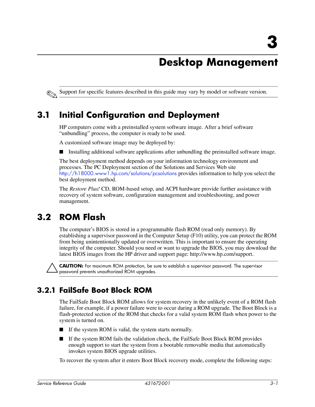 HP dx2700 manual Desktop Management, Initial Configuration and Deployment, ROM Flash, FailSafe Boot Block ROM 